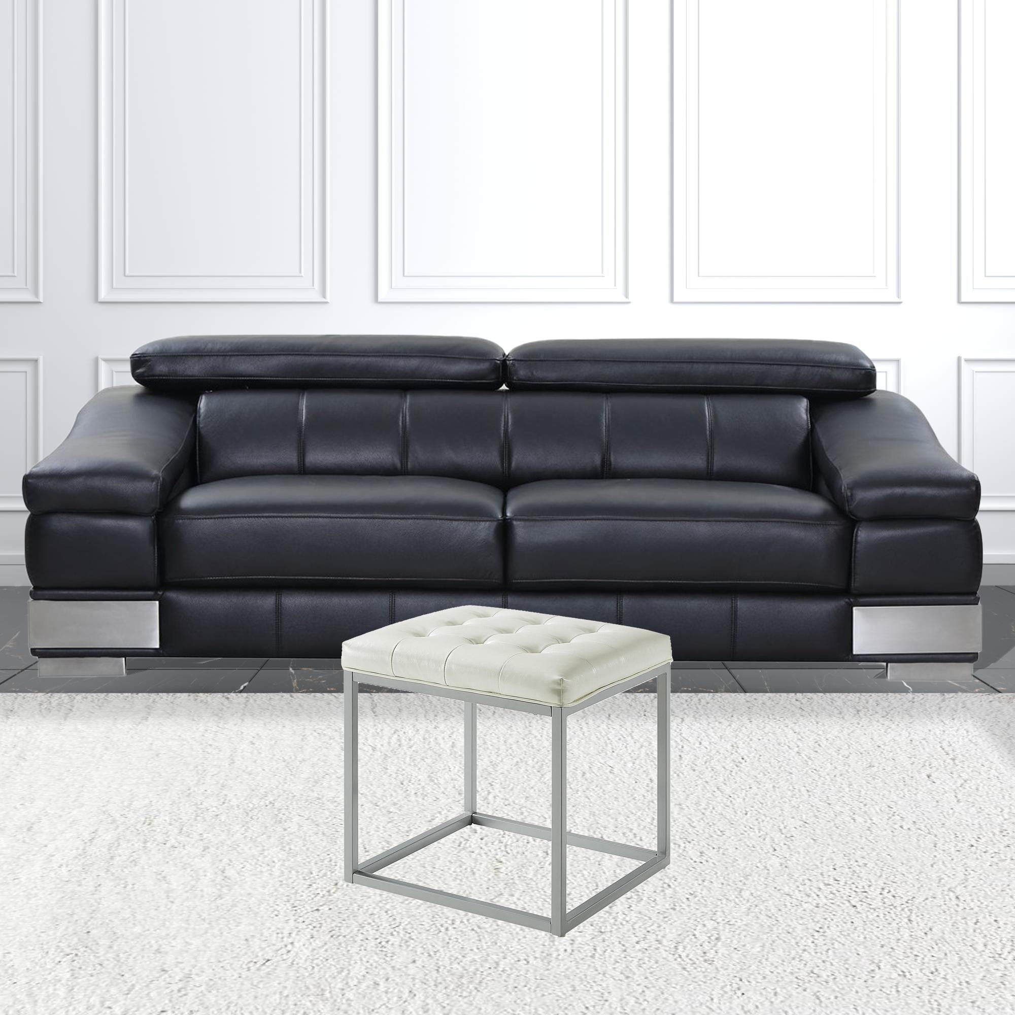 Faux Leather Cube Ottoman - Cream / Gray