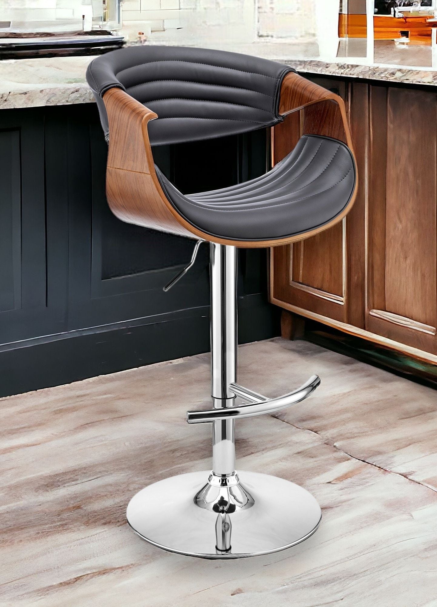 45" Faux Leather Swivel Low Back, Adjustable Height Bar Chair - Gray / Silver