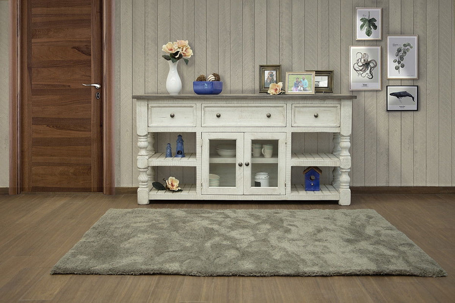 Solid Wood, Open Shelving Distressed TV Stand - Ivory