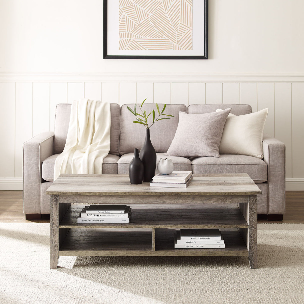 Coastal Grooved Panel Coffee Table With Lower Shelf by Walker Edison | Bel Furniture