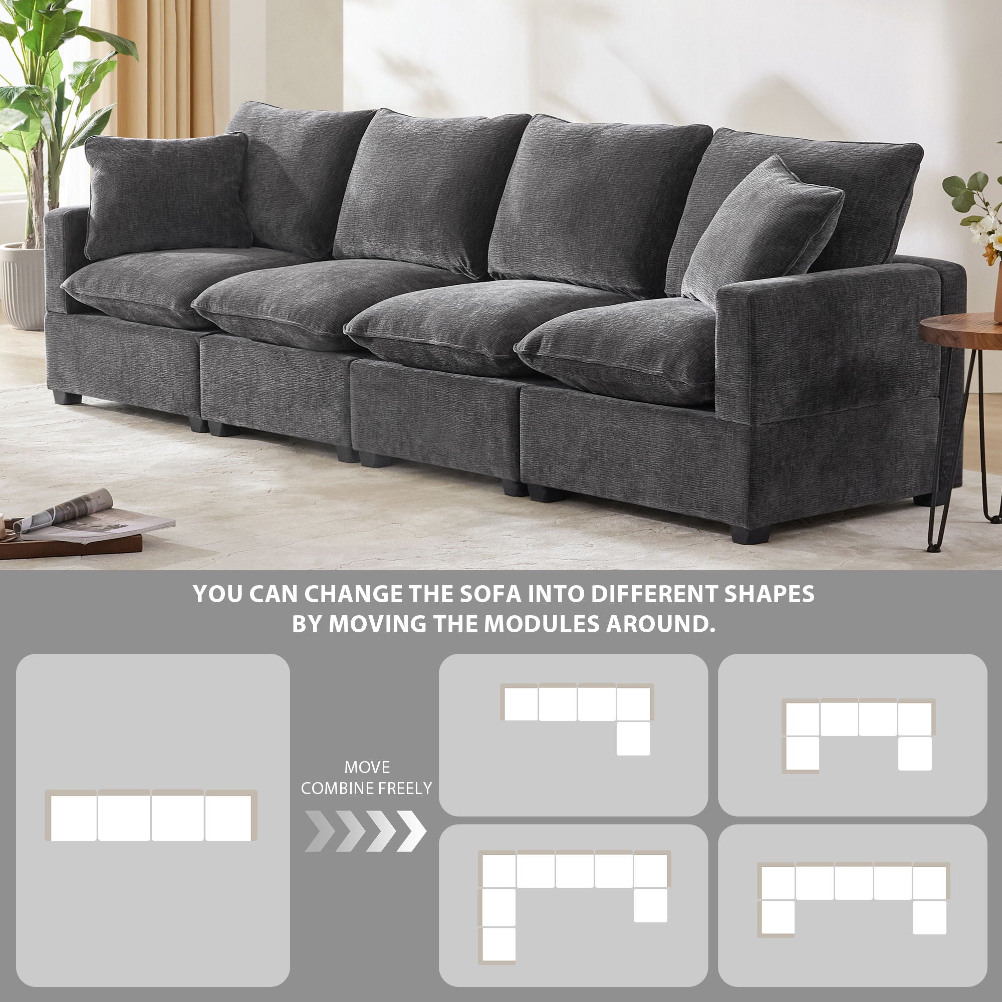 Modern Modular Sofa, 4 Seat Chenille Sectional Couch Set With 2 Pillows Included, Freely Combinable Indoor Funiture For Living Room, Apartment, Office