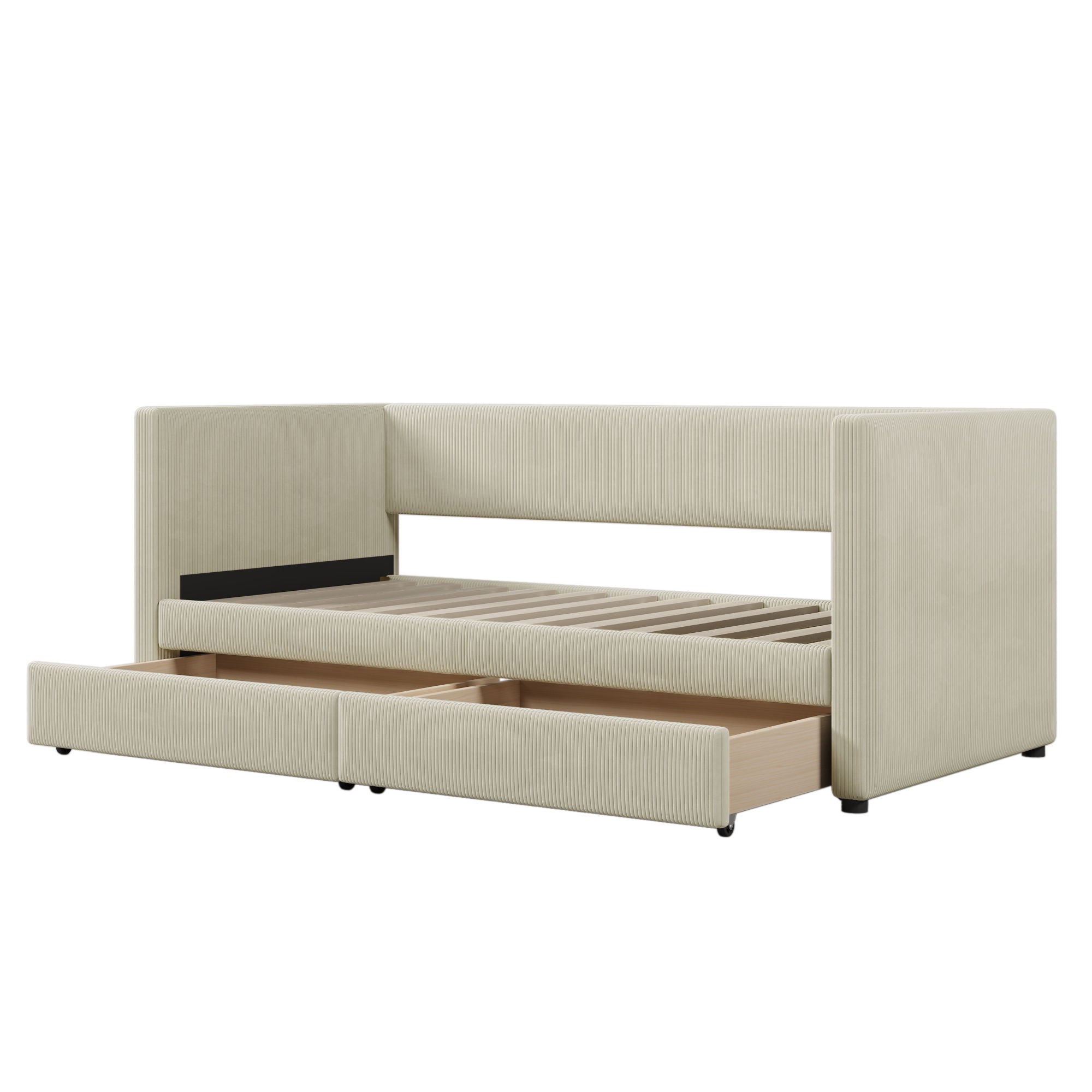 Twin Size Corduroy Daybed With Two Drawers And Wood Slat