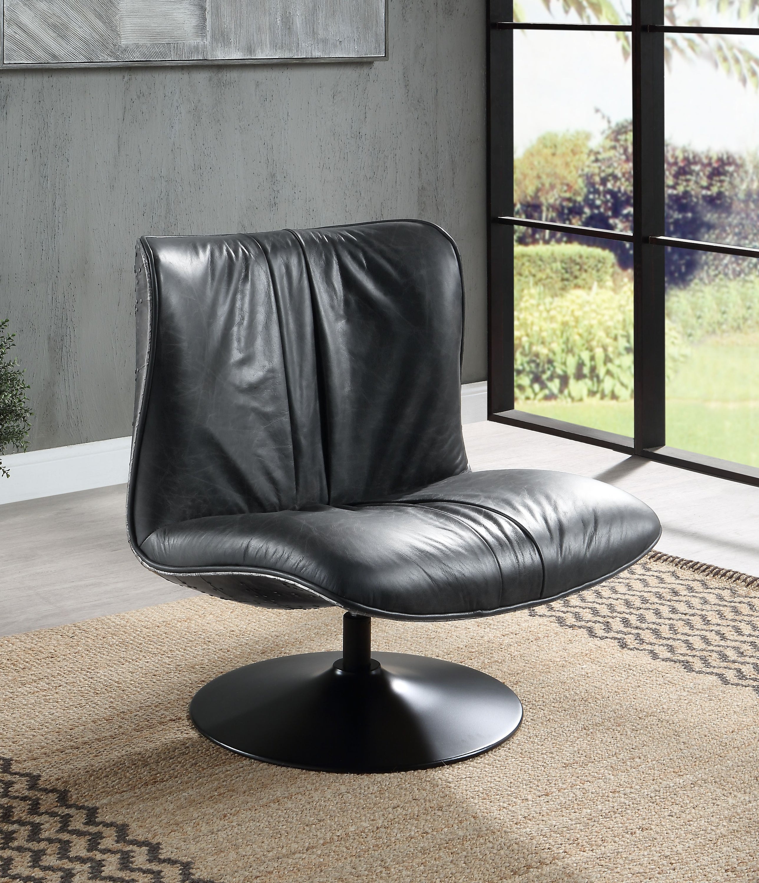 Piotr - Top Grain Leather Accent Chair With Swivel - Black