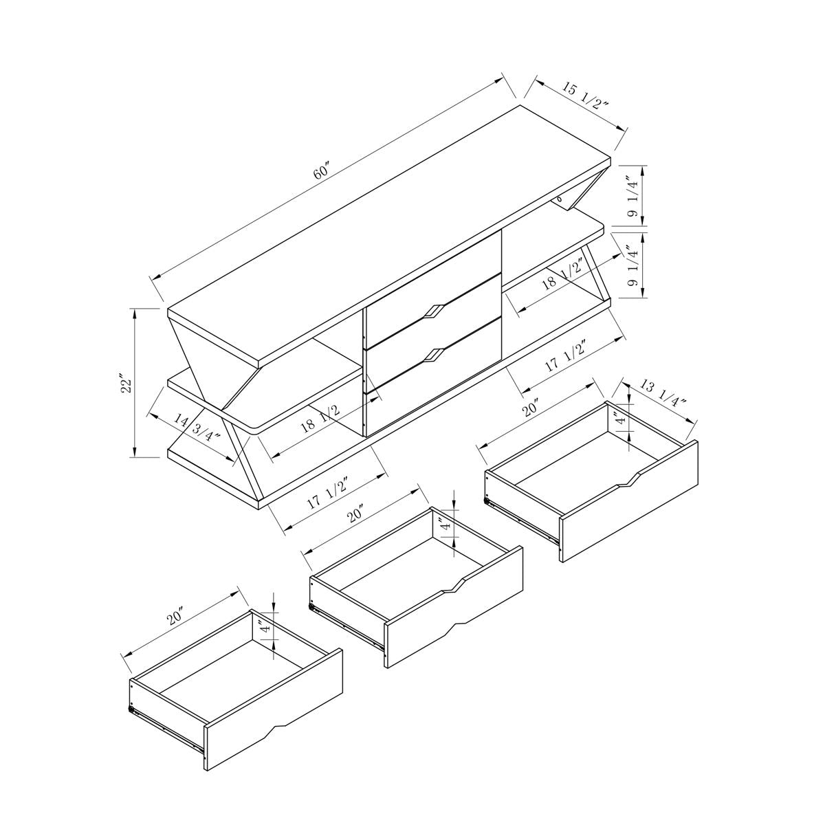 TV Stand With Whimsical Leg Design Ample Storage With Three Drawers And Four Open Shelves - White Oak