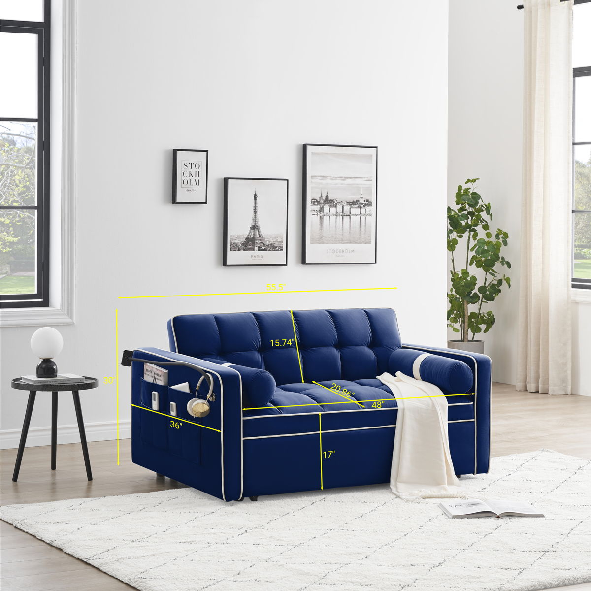 Modern Convertible Sleeper Sofa Couch With Pull Out Bed With Pillows & Side Pockets For Small Space, Living Room