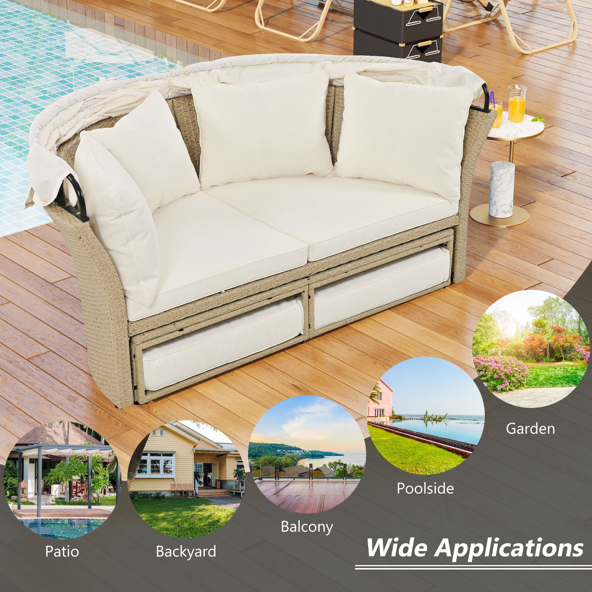 Outdoor Patio Daybed Wicker Rattan Double Daybed Round Sofa Furniture Set With Retractable Canopy, 4 Pillows For Lawn Garden