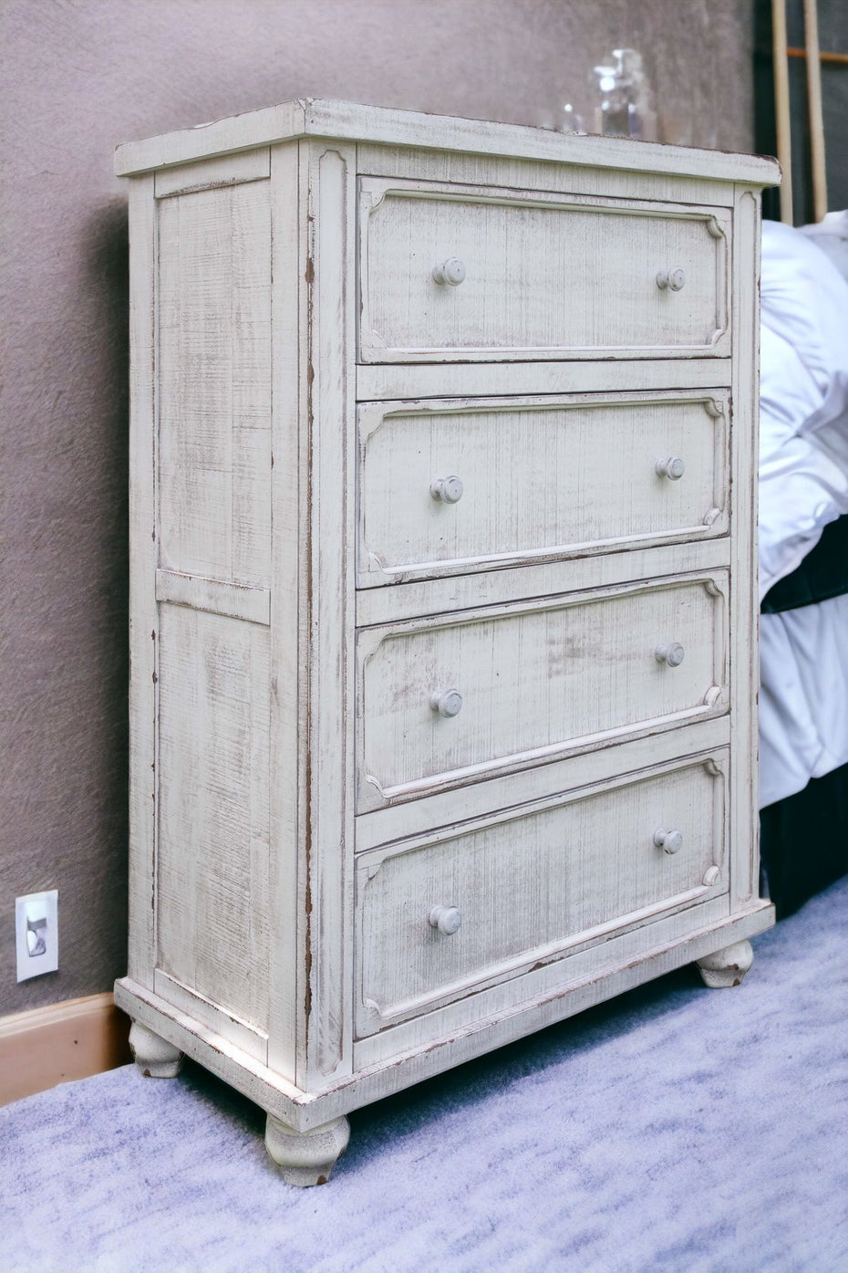 Solid Wood Four Drawer Chest - Antiqued White