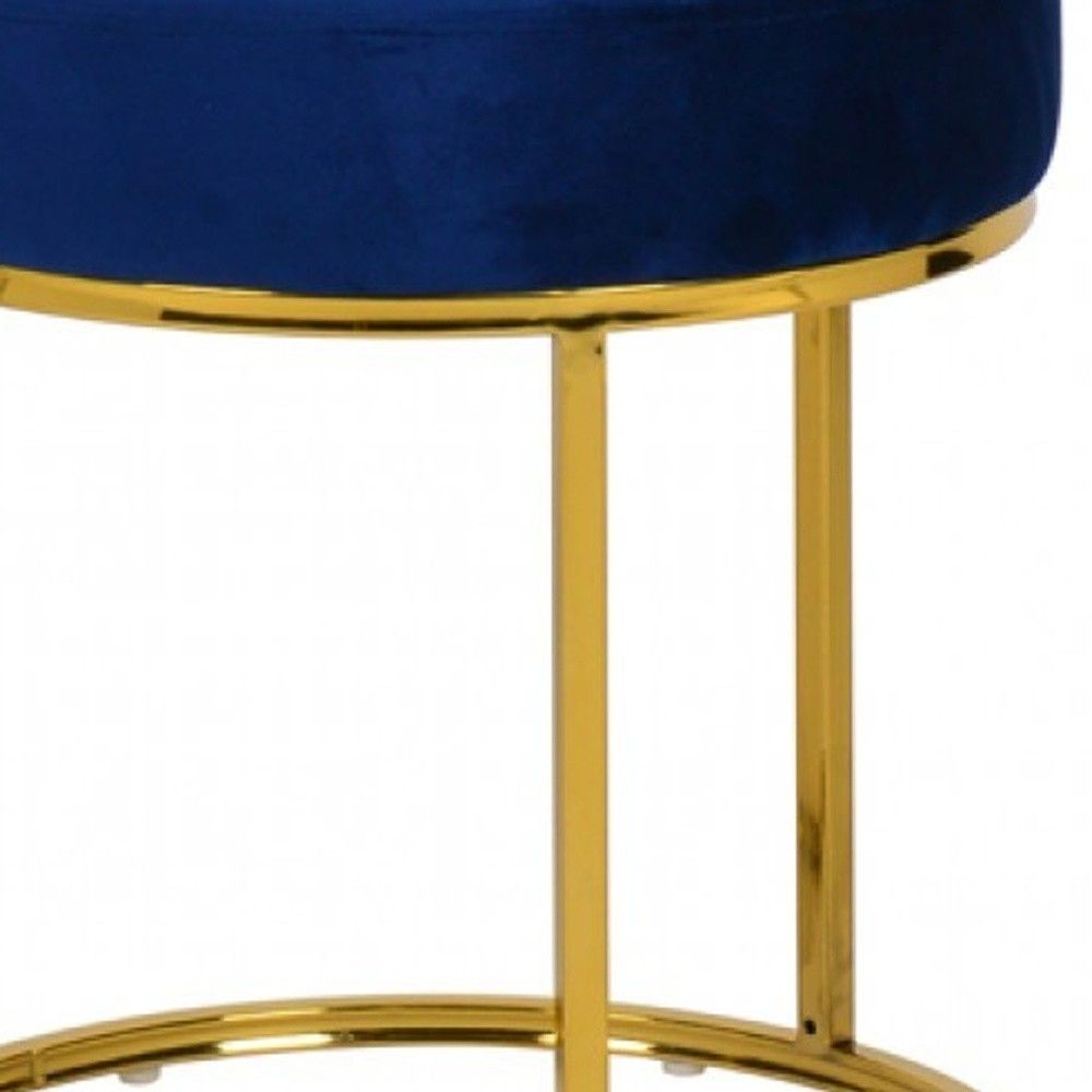 Velvet Round Footstool Ottoman - Blue / Gold