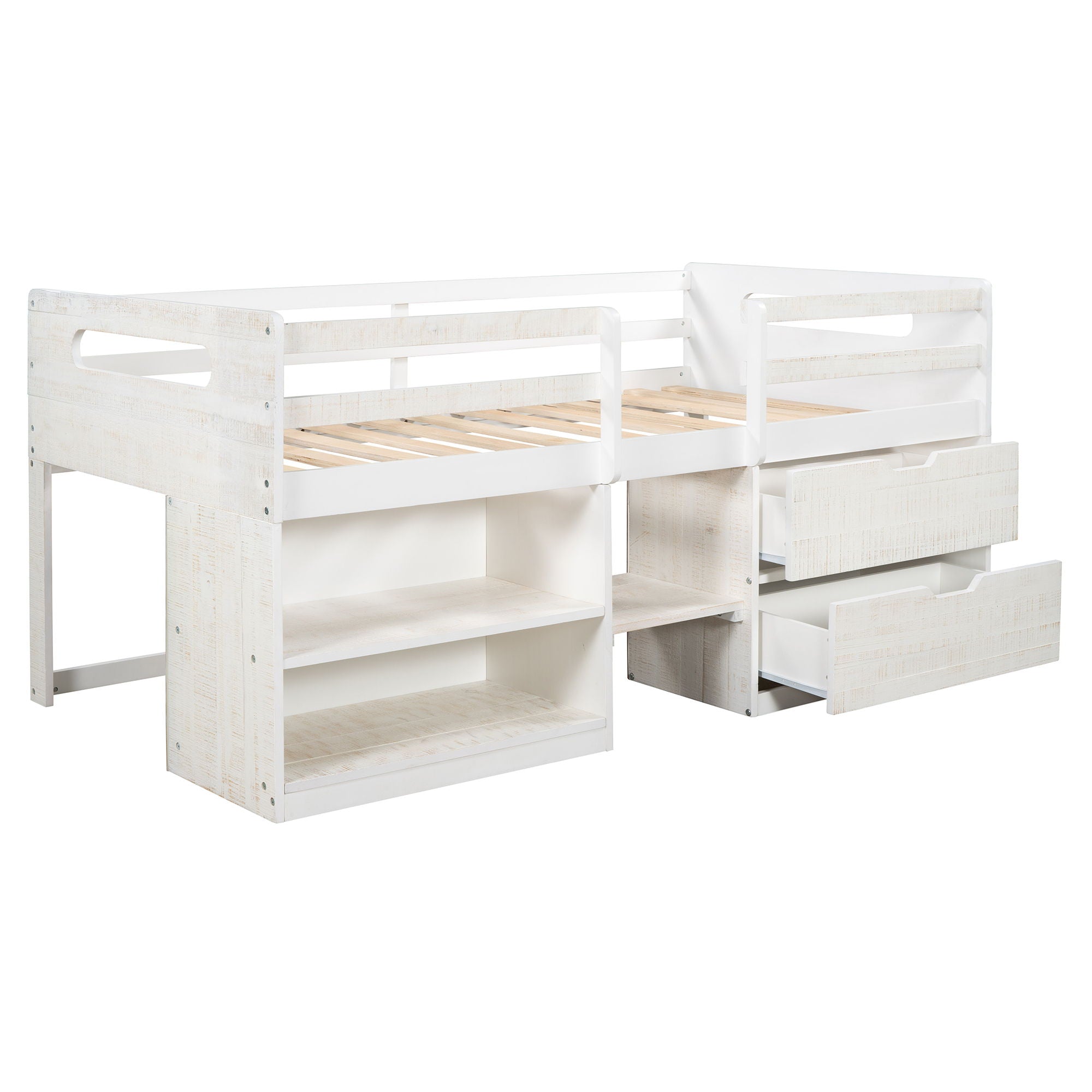 Twin Size Loft Bed With Two Shelves And Two Drawers