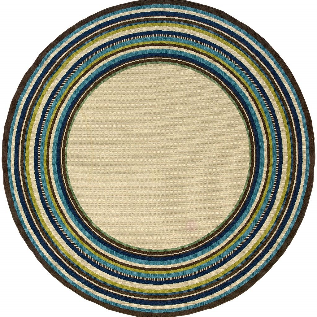 Round Striped Indoor / Outdoor Area Rug - Ivory / Blue