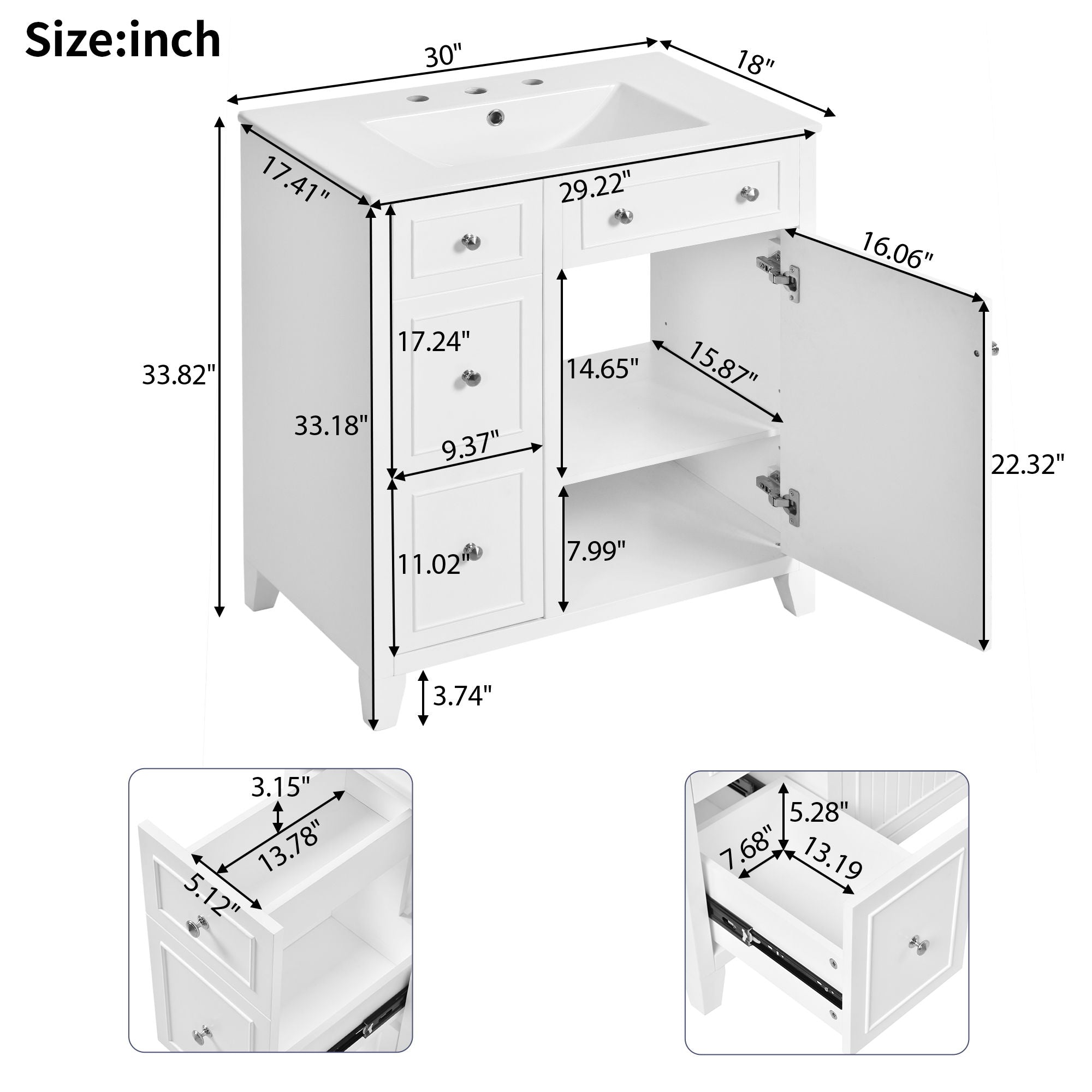 Bathroom Vanity Cabinet With Ceramic Basin, Double-Layer Drawer, Deep Drawer And Adjustable Shelf