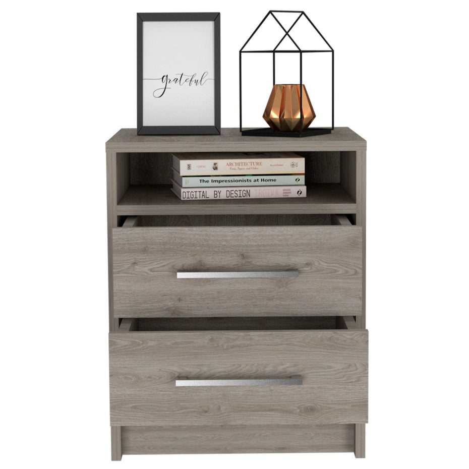 Open Compartment Two Drawer Nightstand - Light Gray