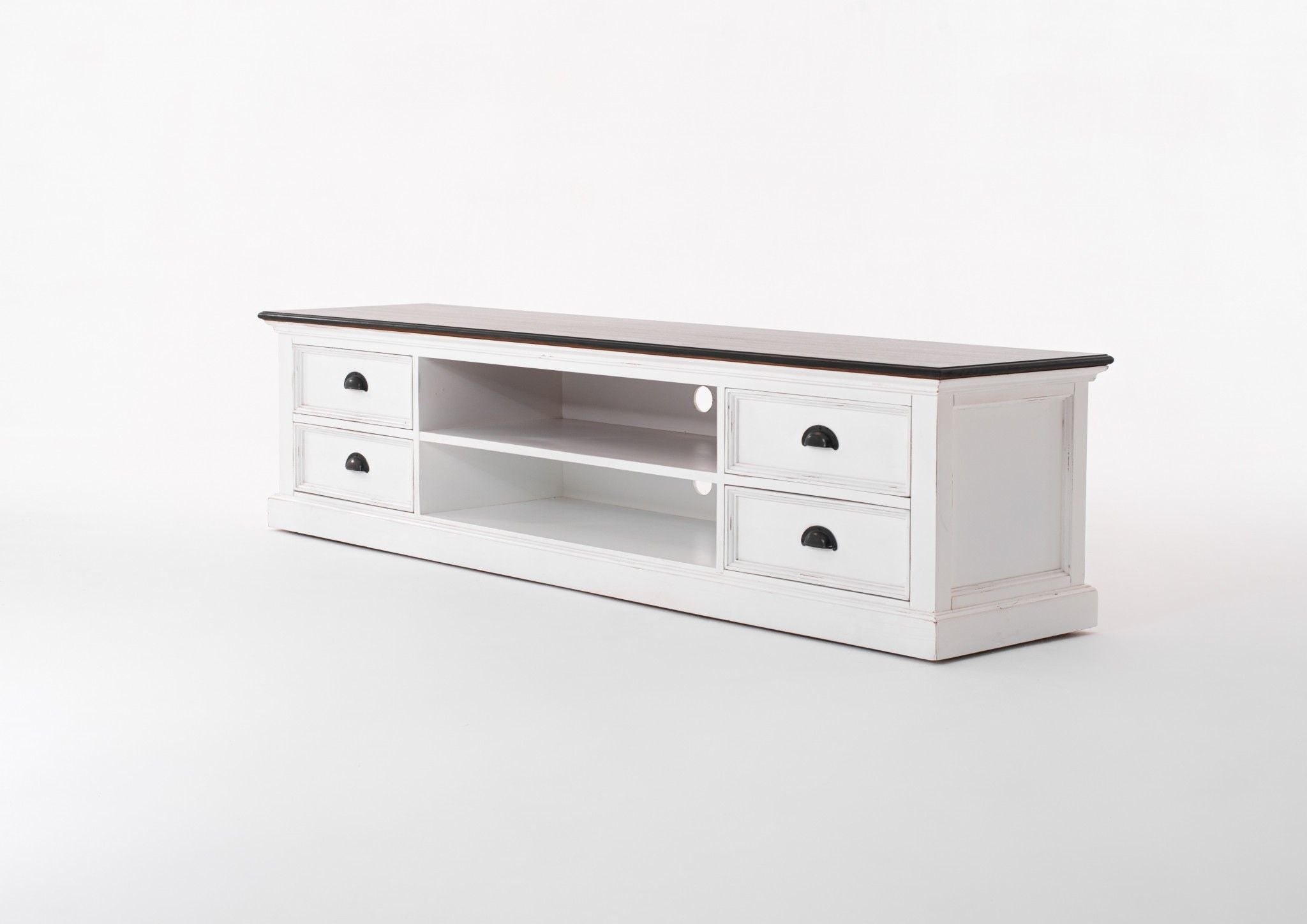 Wood Entertainment Unit With Four Drawers - Distressed White / Brown