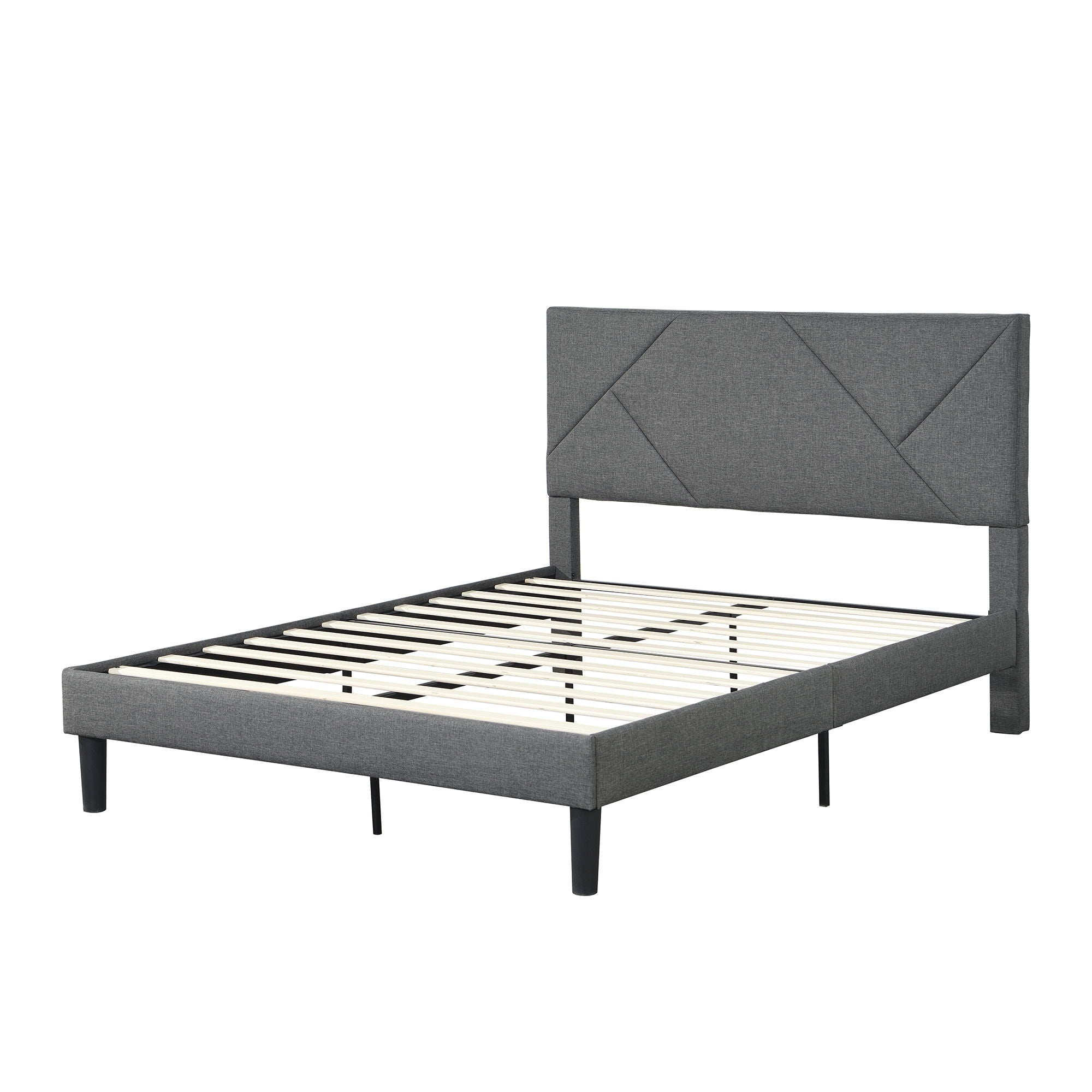 Queen Size Upholstered Platform Bed Frame With Headboard, Strong Wood Slat Support, Mattress Foundation, No Box Spring Needed - Dark Gray