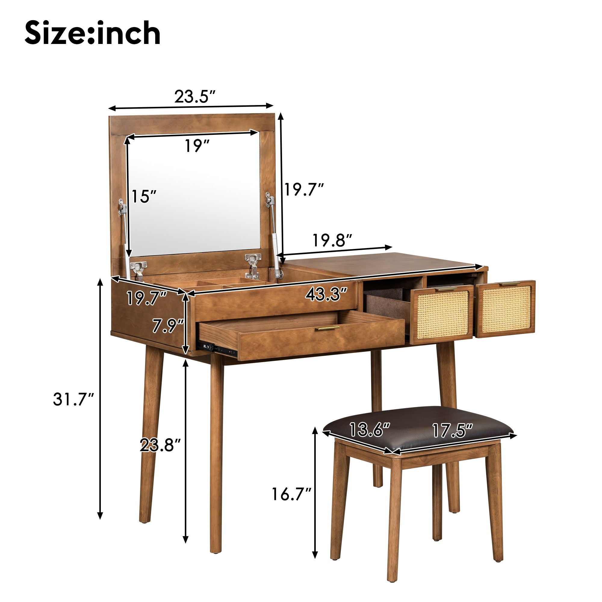 Classic Wood Makeup Vanity Set With Flip-Top Mirror And Stool, Dressing Table With Three Drawers And Storage Space