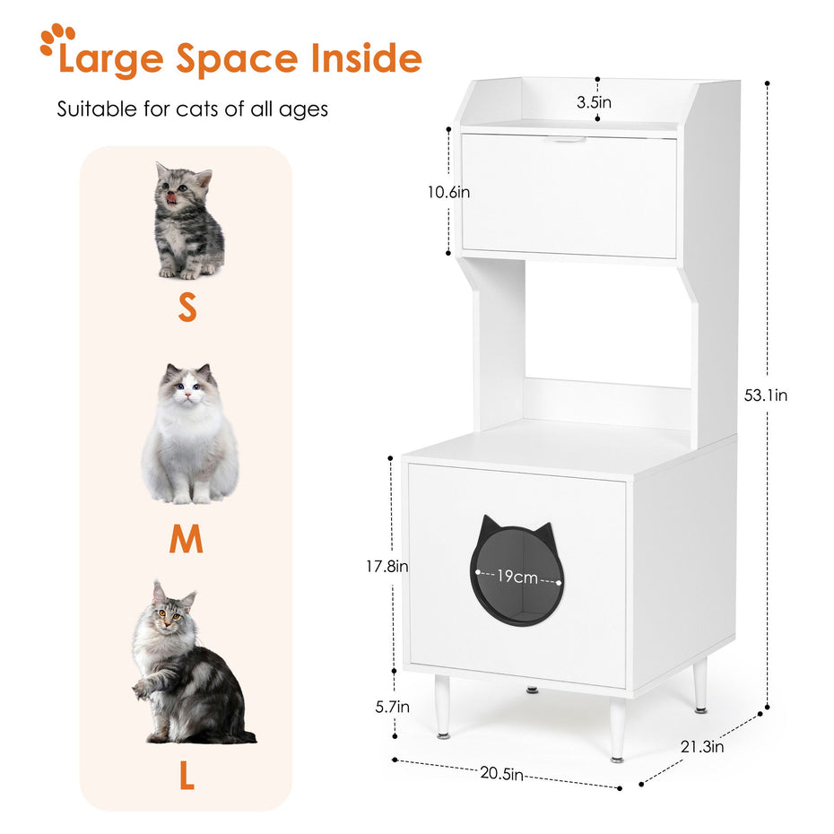 Litter Box Enclosure With Shelves And Doors Wooden Hidden Cat Litter Box Furniture Industrial Indoor Cat House Washroom Pet Crate Storage Cabinet - White / Vintage