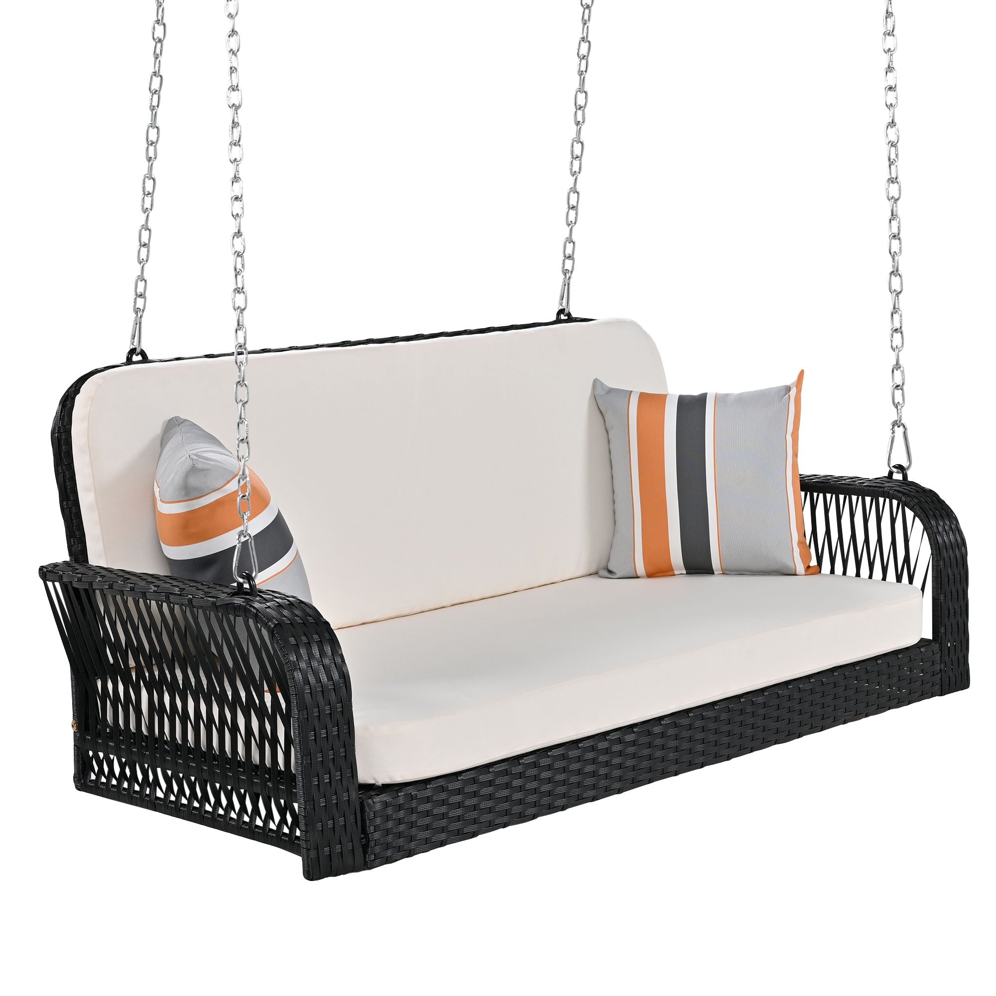 PE Wicker Porch Swing, 2 Seater Hanging Bench With Chains, Patio Furniture Swing For Backyard Garden Poolside