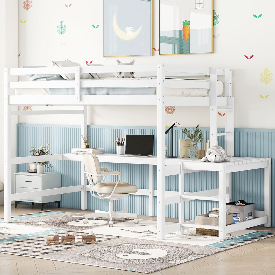 Loft Bed With Built-In Desk, Ladder Platform, Ladders, Guardrails