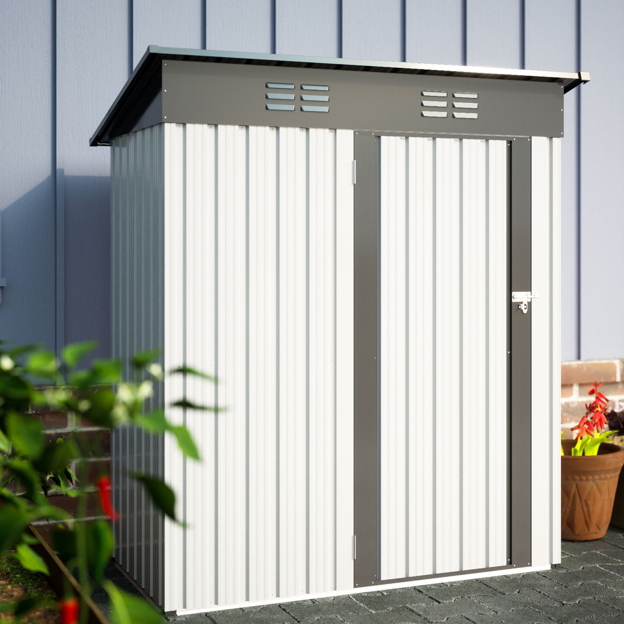 Outdoor Storage Shed, Galvanized Metal Garden Shed With Lockable Doors, Tool Storage Shed For Patio Lawn Backyard Trash Cans - White