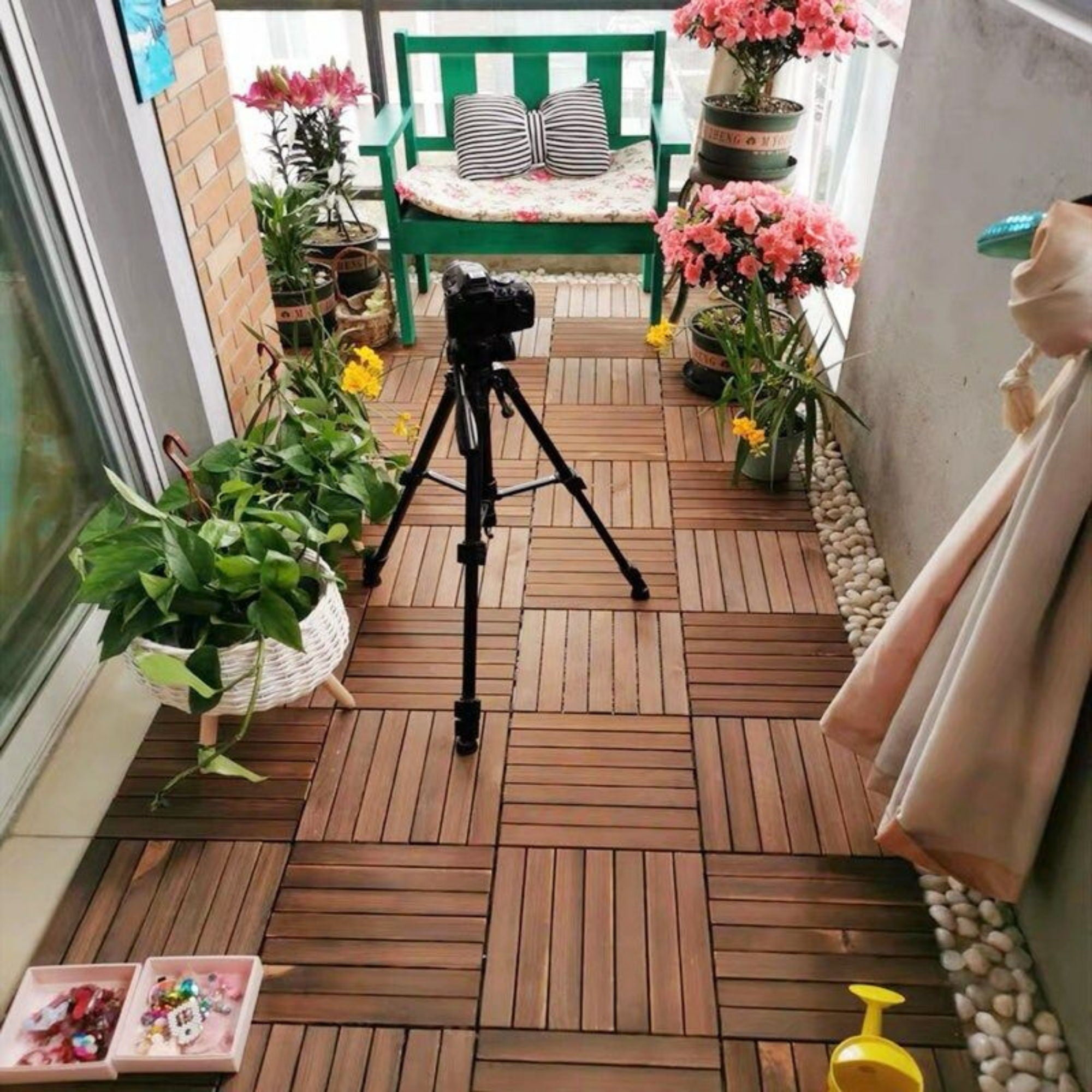 Interlocking Deck Tiles Striped Pattern, Square Acacia Hardwood Outdoor Flooring For Patio, Bancony, Pool Side