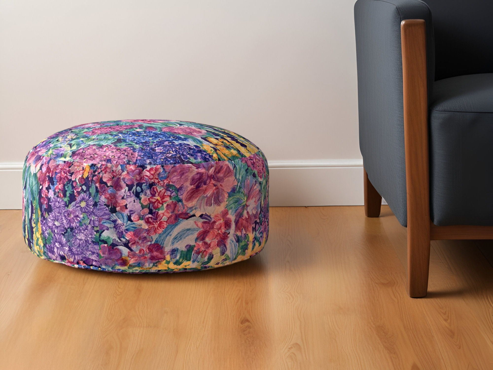 Cotton Round Floral Pouf Ottoman - Green