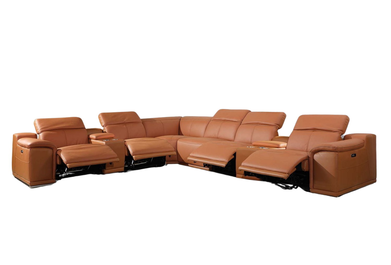 Power Reclining Italian Leather U Shaped Eight Piece Corner Sectional With Console - Camel