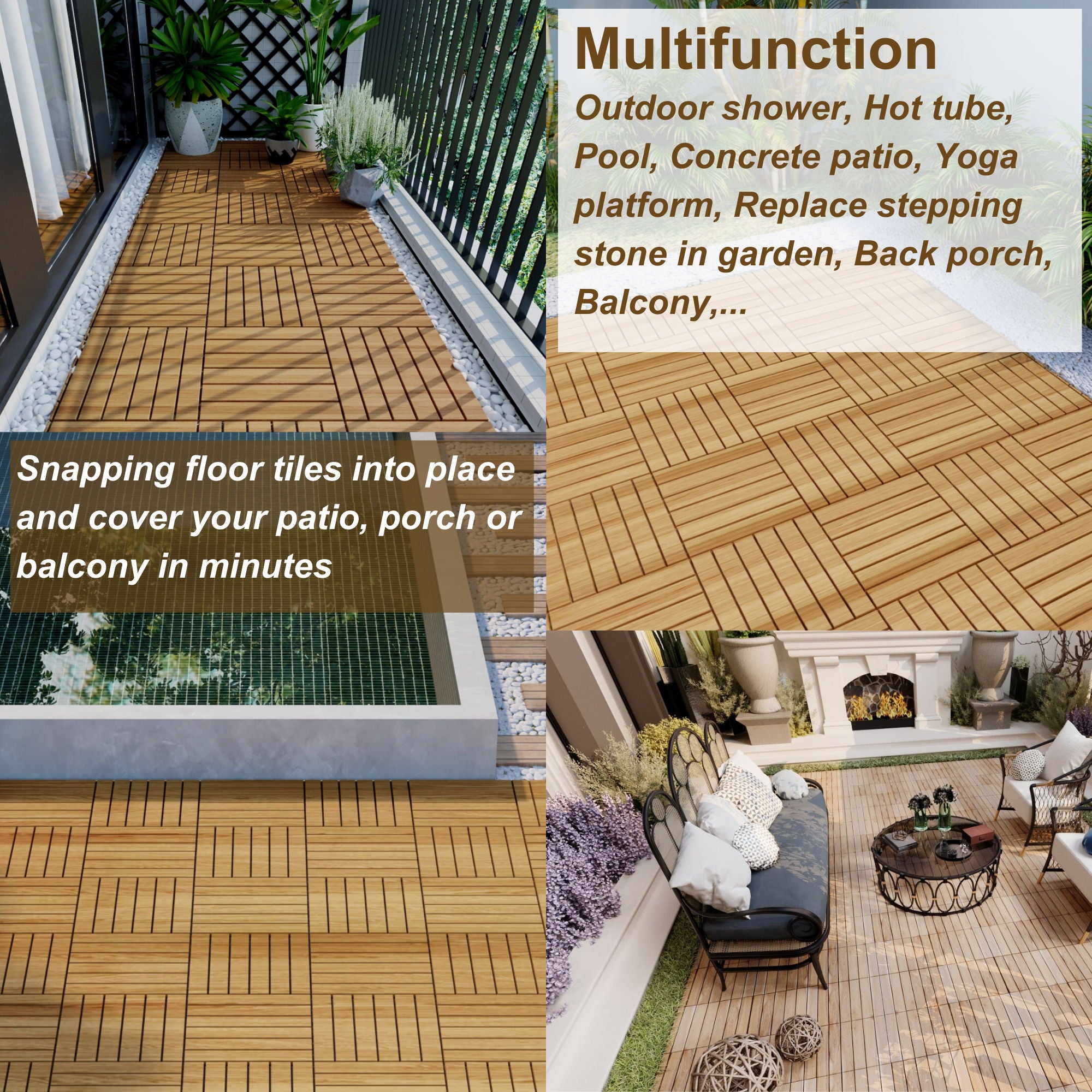 Interlocking Deck Tiles Striped Pattern, Square Acacia Hardwood Outdoor Flooring For Patio, Bancony, Pool Side