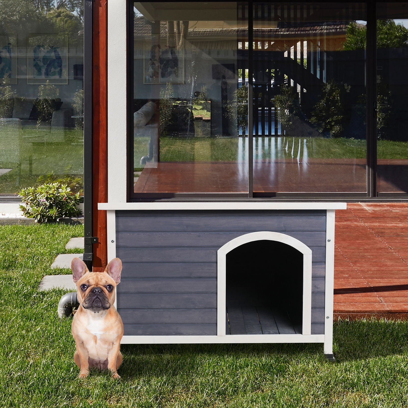 Medium Wooden Outdoor Dog House, Waterproof Roof, Elevated Floor - Gray