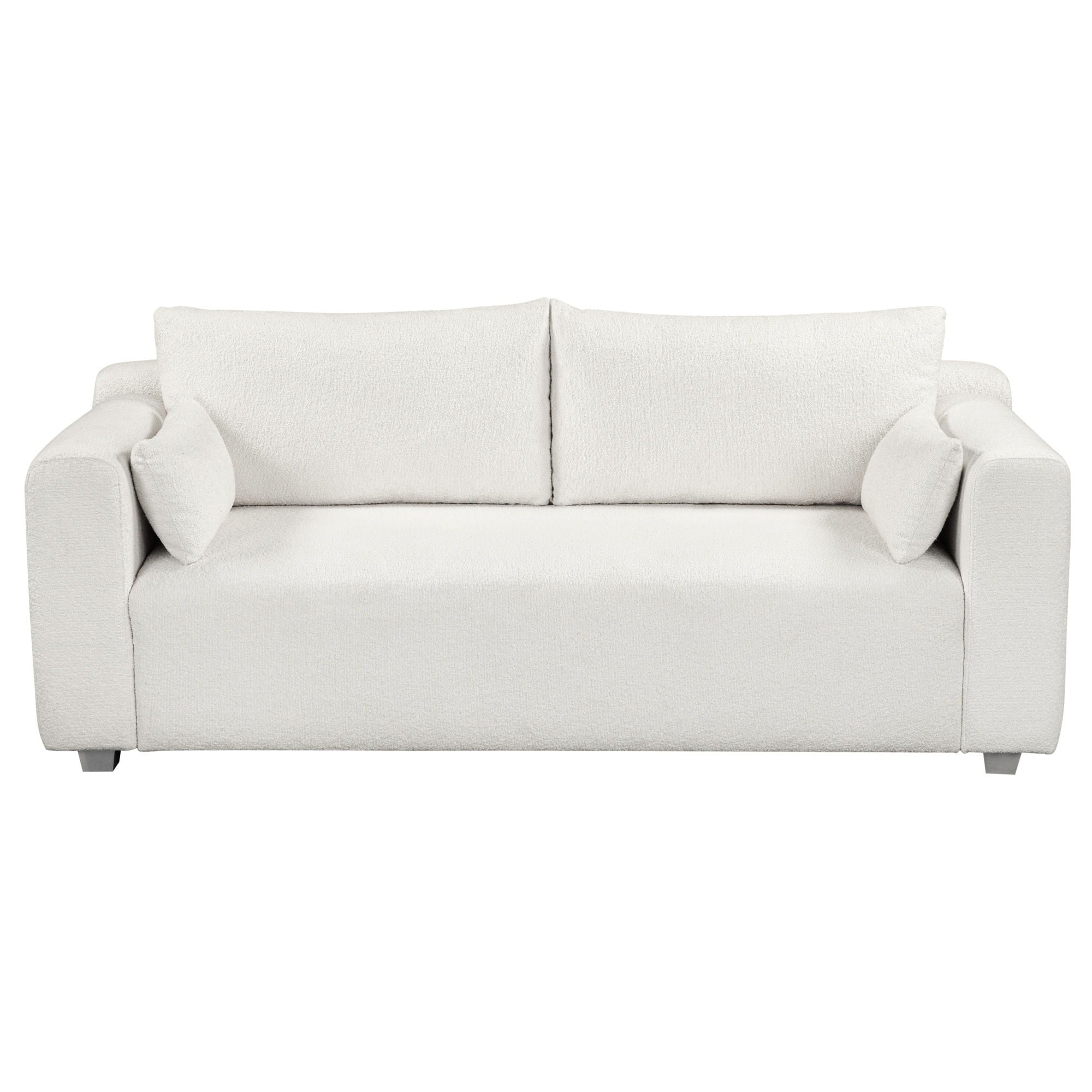 Modern Loop Yarn Sofa, One Piece Seat Frame, Minimalist 2-3 Seat Couch Easy To Install, Loveseats With Extra Wide Domed Arms For Living Room (2 Pillows) - White