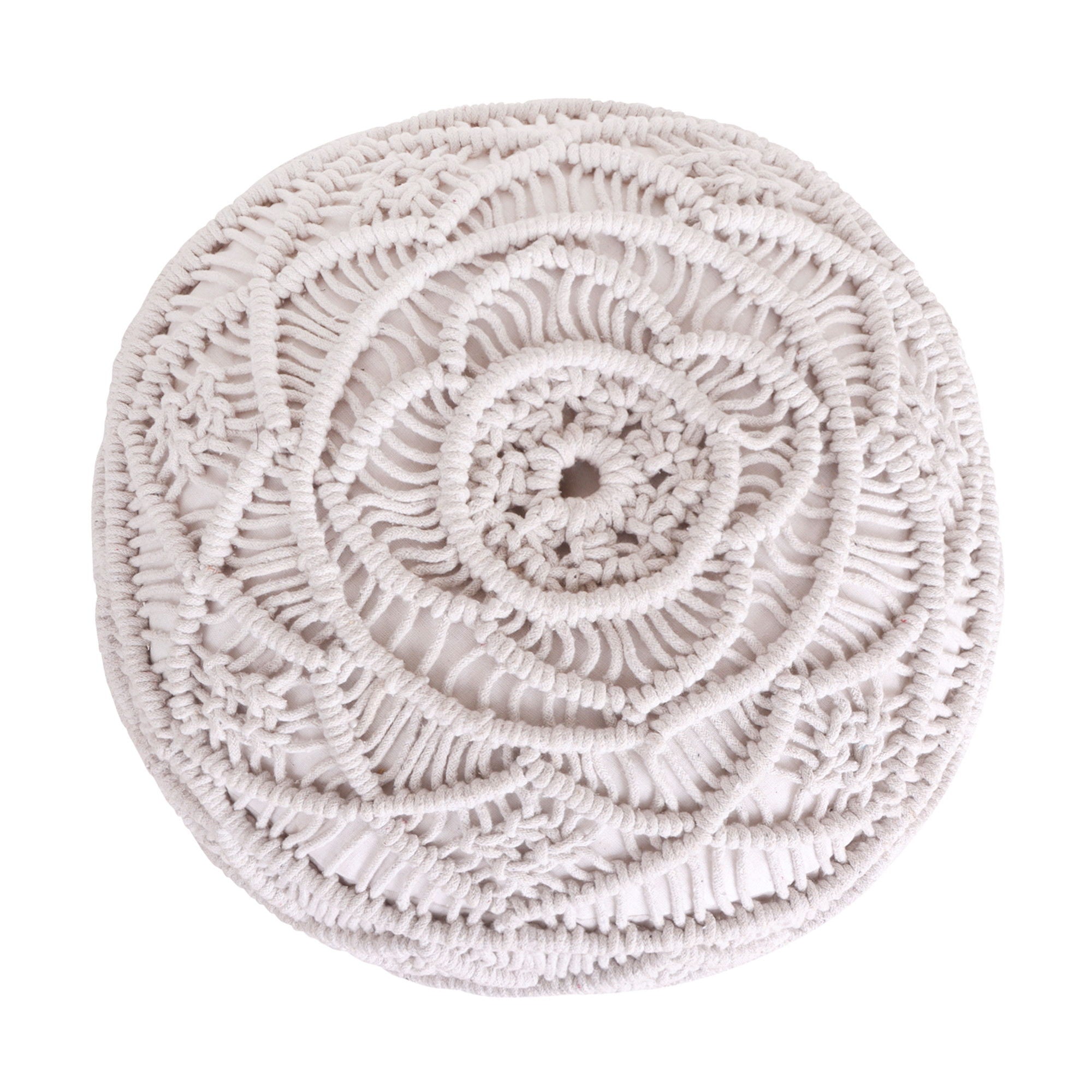 Cotton Blend Round Floral Pouf Ottoman - White