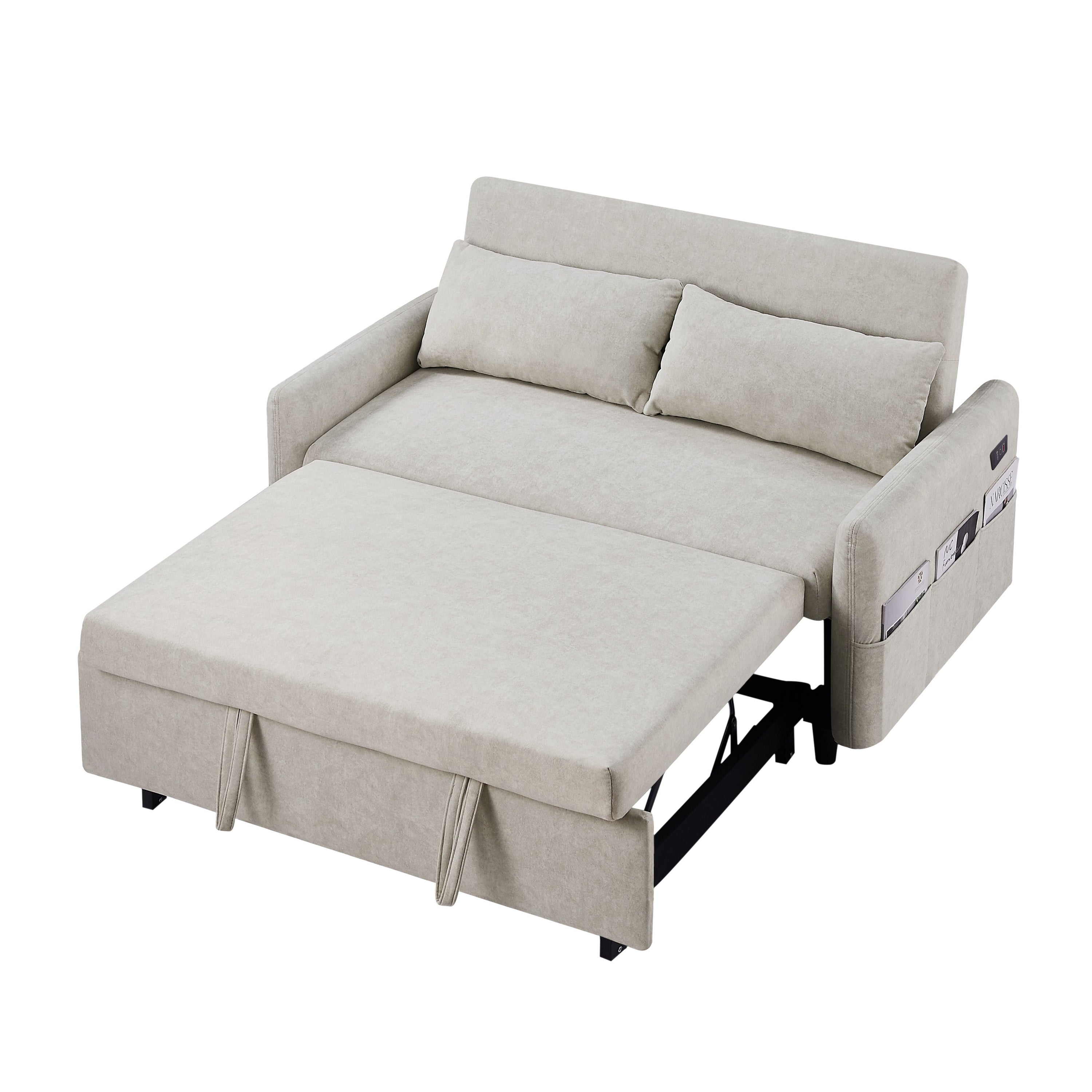 Pull Out Sleep Sofa Bed Loveseats Sofa Couch With Adjsutable Backrest, Storage Pockets, 2 Soft Pillows, USB Ports For Living Room, Bedroom, Apartment, Office