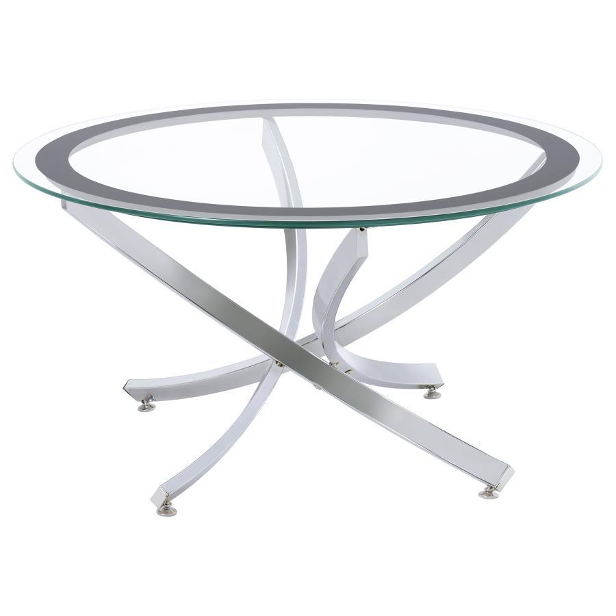 Brooke - Round Glass Top Coffee Table Metal Base Pearl Silver by CoasterEssence | Bel Furniture