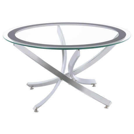 Brooke - Round Glass Top Coffee Table Metal Base Pearl Silver by CoasterEssence | Bel Furniture