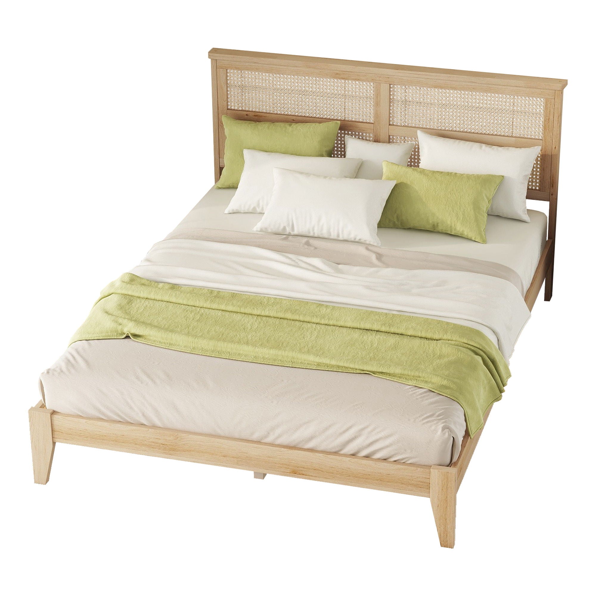 Queen Size Rubber Wooden, Solid Wooden Bed With Rattan Headboard, Enhanced By Support Feet - Natural