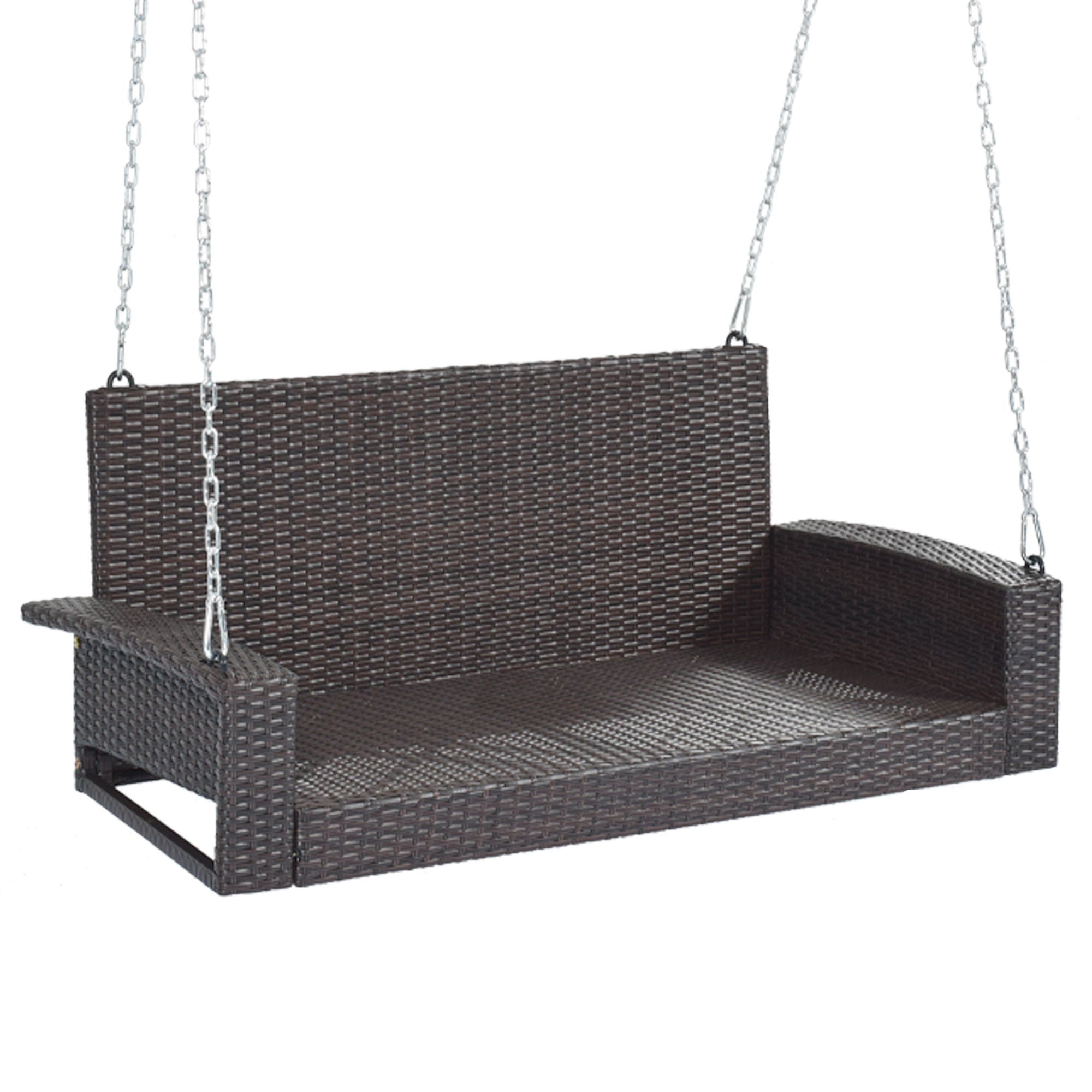 2 Person Wicker Hanging Porch Swing With Chains, Cushion, Pillow, Rattan Swing Bench For Garden, Backyard