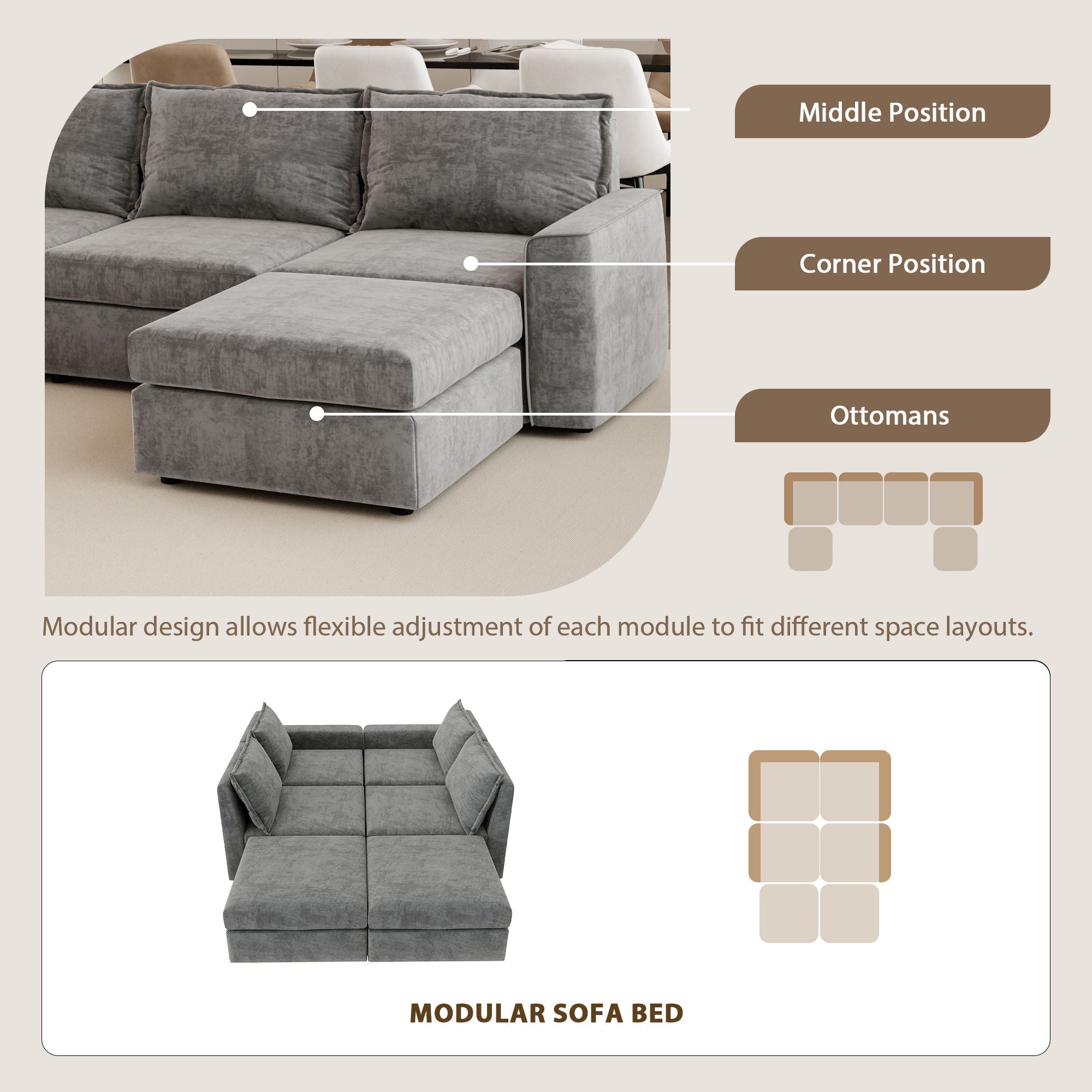 Chenille Modular Sectional Sofa, U Shaped Reversible Couch, Free Combination, 6 Seat Sleeper Sofa Bed With Ottoman, Convertible Oversized Indoor Furniture For Living Room - Gray