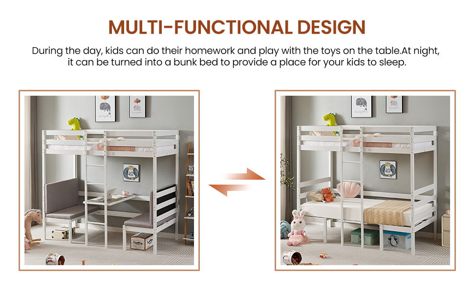 Twin Over Twin Bunk Beds Can Be Turn Into Upper Bed And Down Desk, Cushion Sets Are Free - White