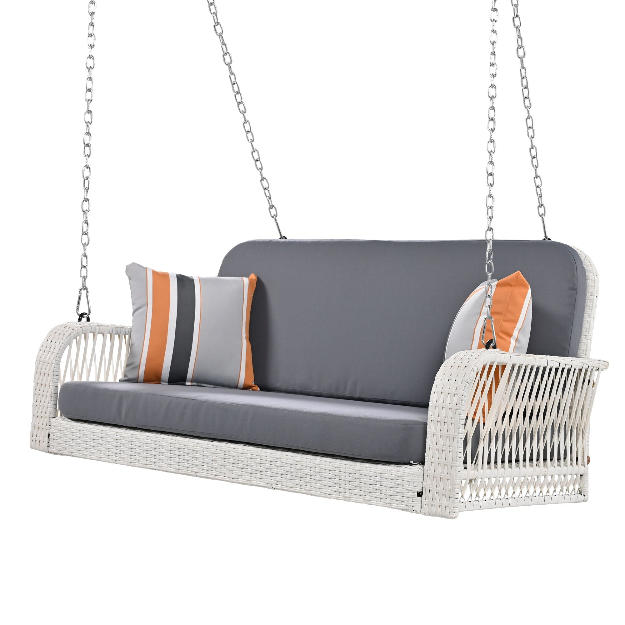 PE Wicker Porch Swing, 2 Seater Hanging Bench With Chains, Patio Furniture Swing For Backyard Garden Poolside