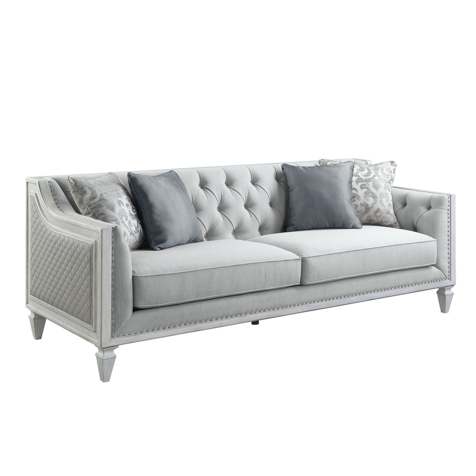 Linen And White Sofa With Four Toss Pillows - Light Gray