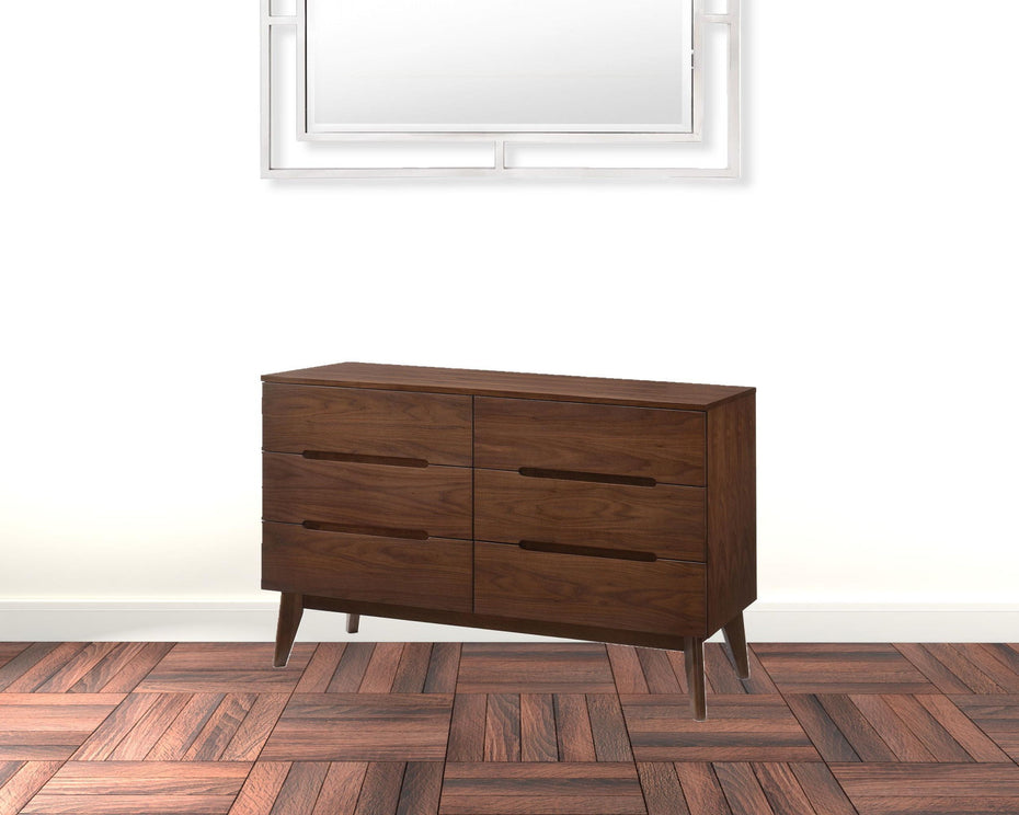 Solid Wood Six Drawer Double Dresser - Walnut