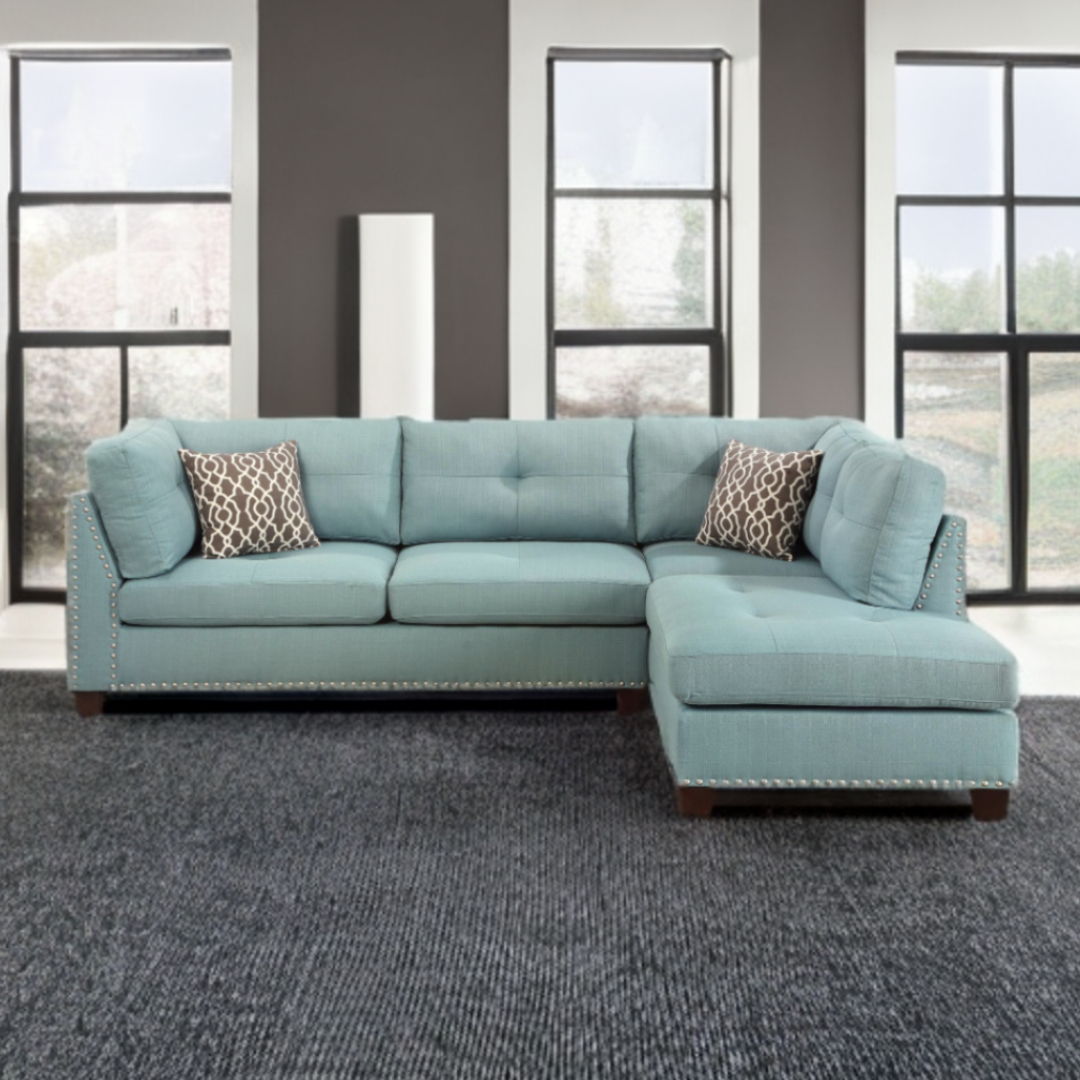 Teal Linen L Shaped Three Piece Sofa And Chaise Sectional And Toss Pillows - Blue