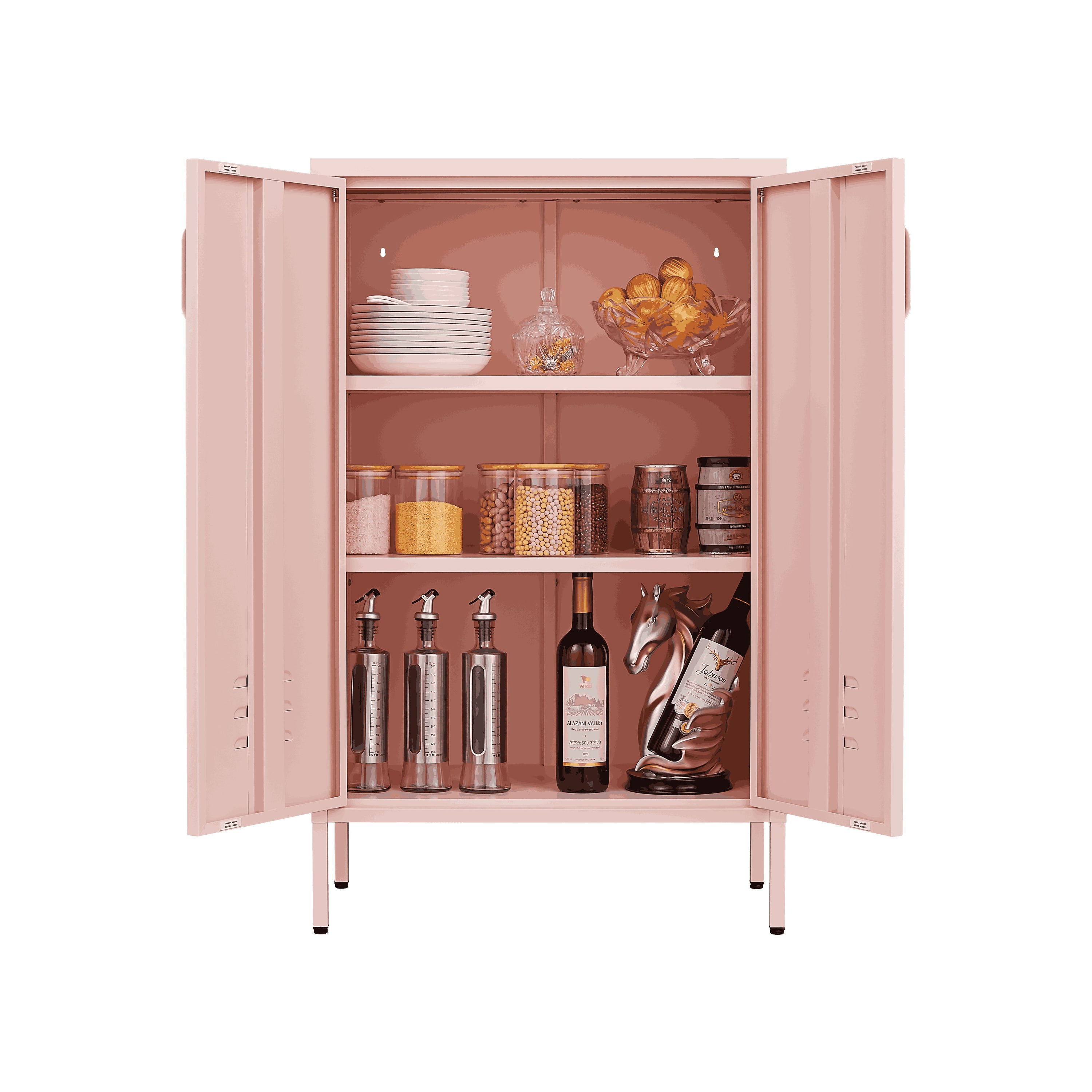 Pink Steel Double Door Cabinet With Handles, With Removable Dividers And Adjustable Height. Suitable For Living Room, Office, Bedroom, Study And Other Places - Pink