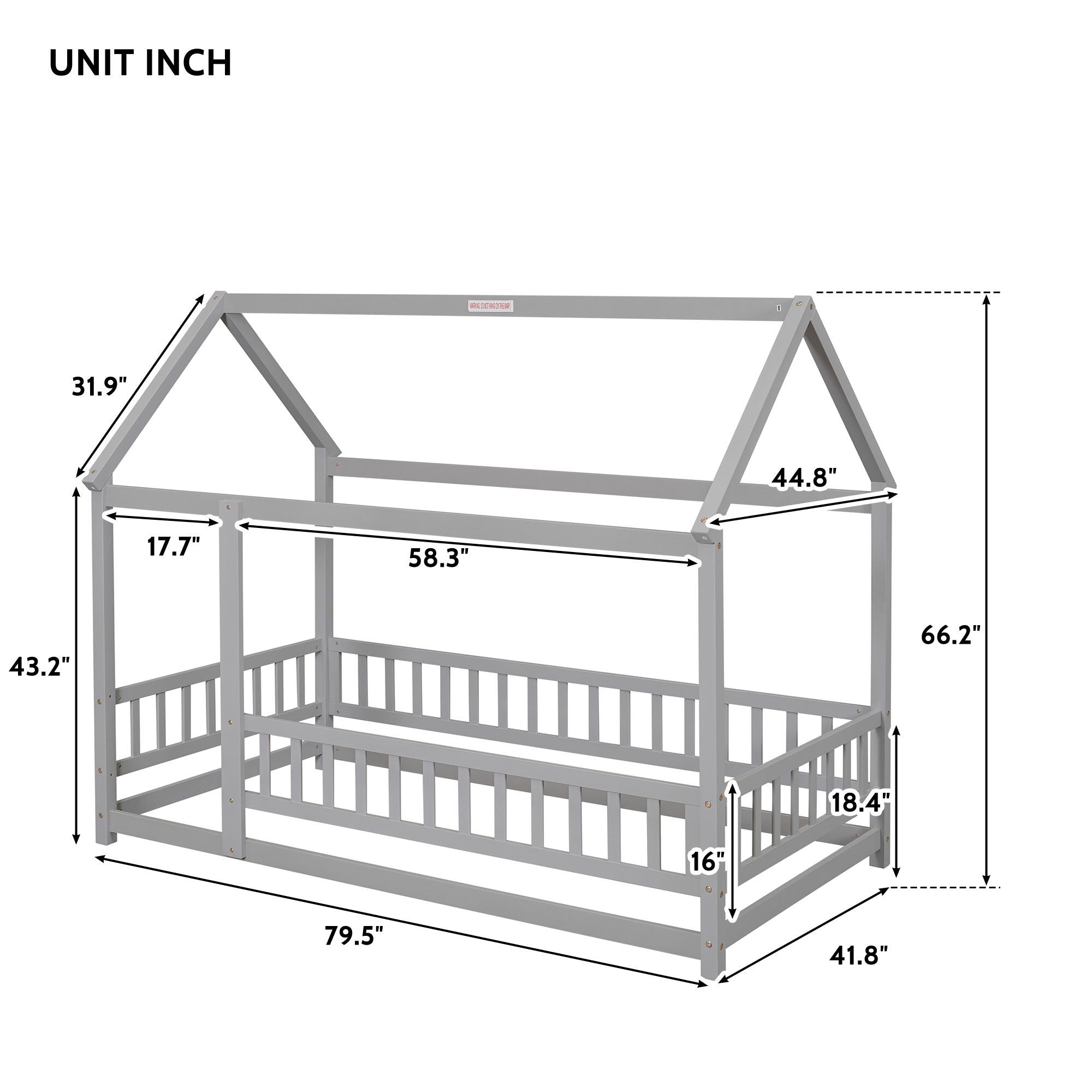 Floor Wooden Bed With House Roof Frame, Fence Guardrails