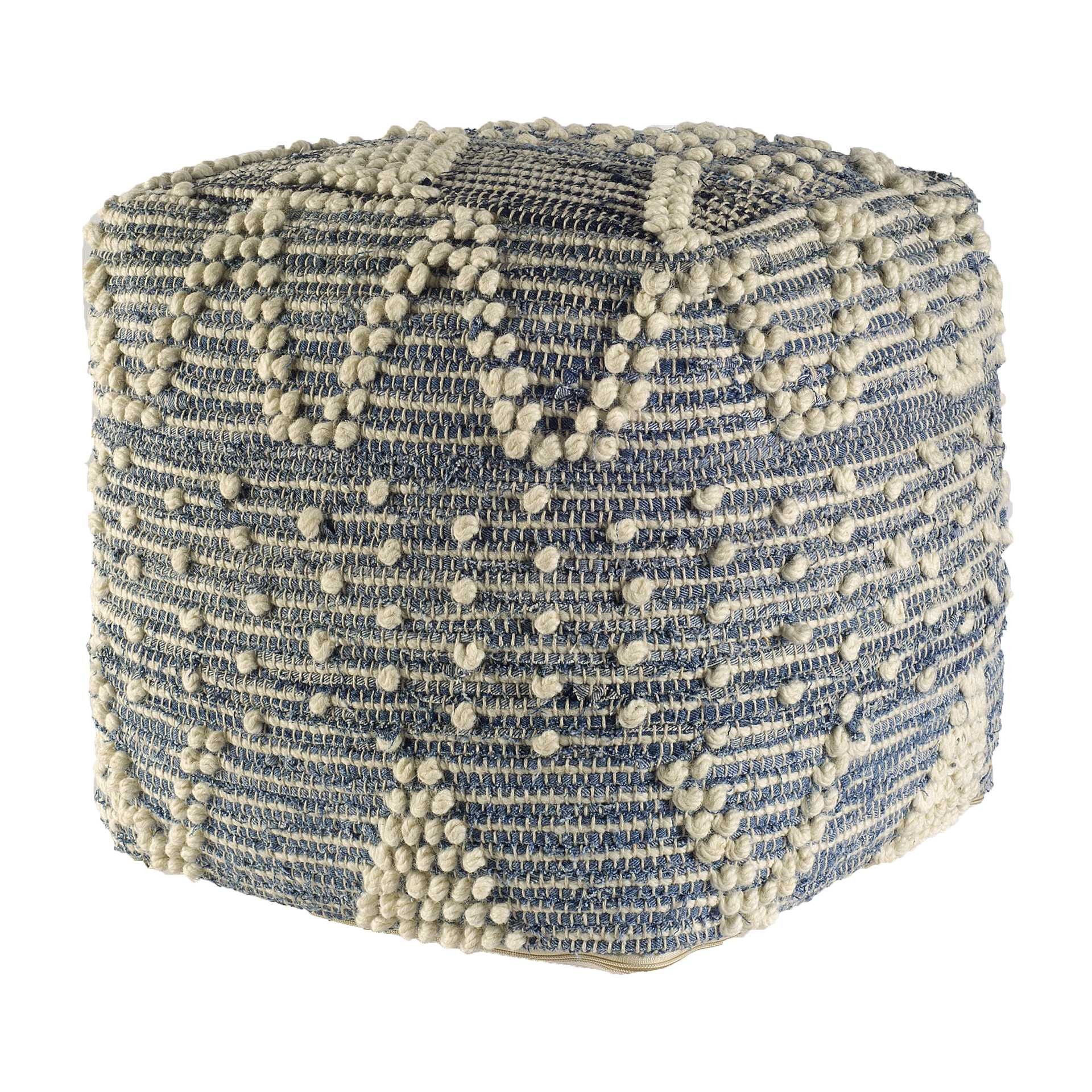 Square Pouf With Cotton Stitched - Blue Denim / Ivory