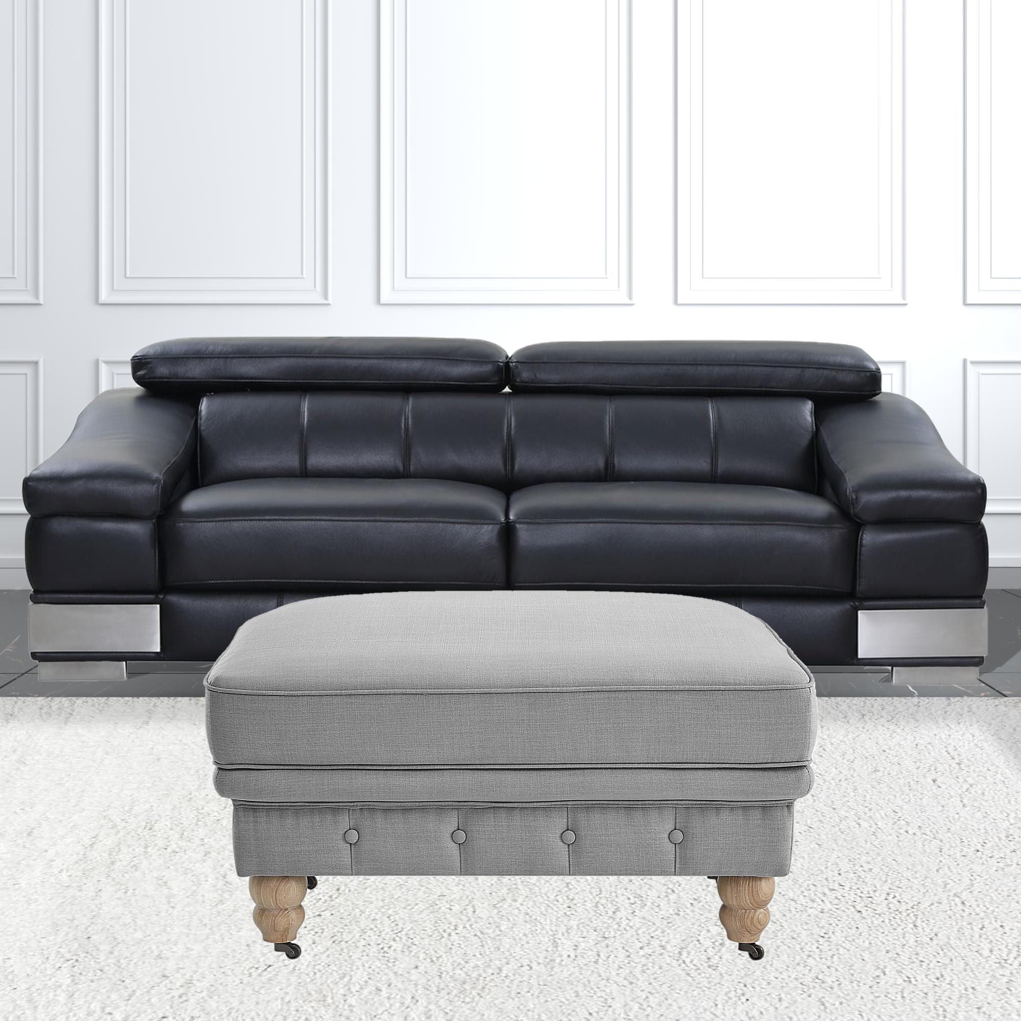 Linen Rolling Tufted Cocktail Ottoman - Light Gray / Natural