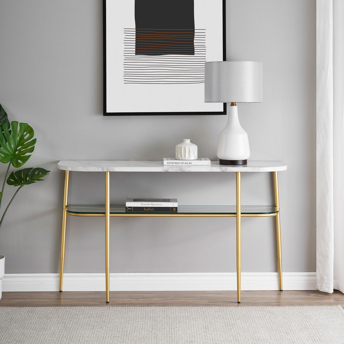 Modern Minimal Curved Faux Marble Entry Table - Gray / Gold by Walker Edison | Bel Furniture