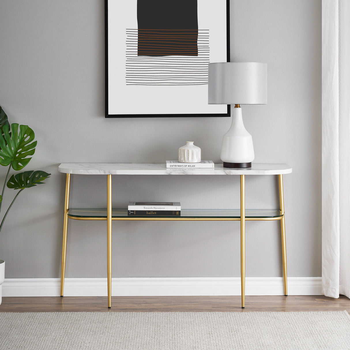 Modern Minimal Curved Faux Marble Entry Table - Gray / Gold by Walker Edison | Bel Furniture