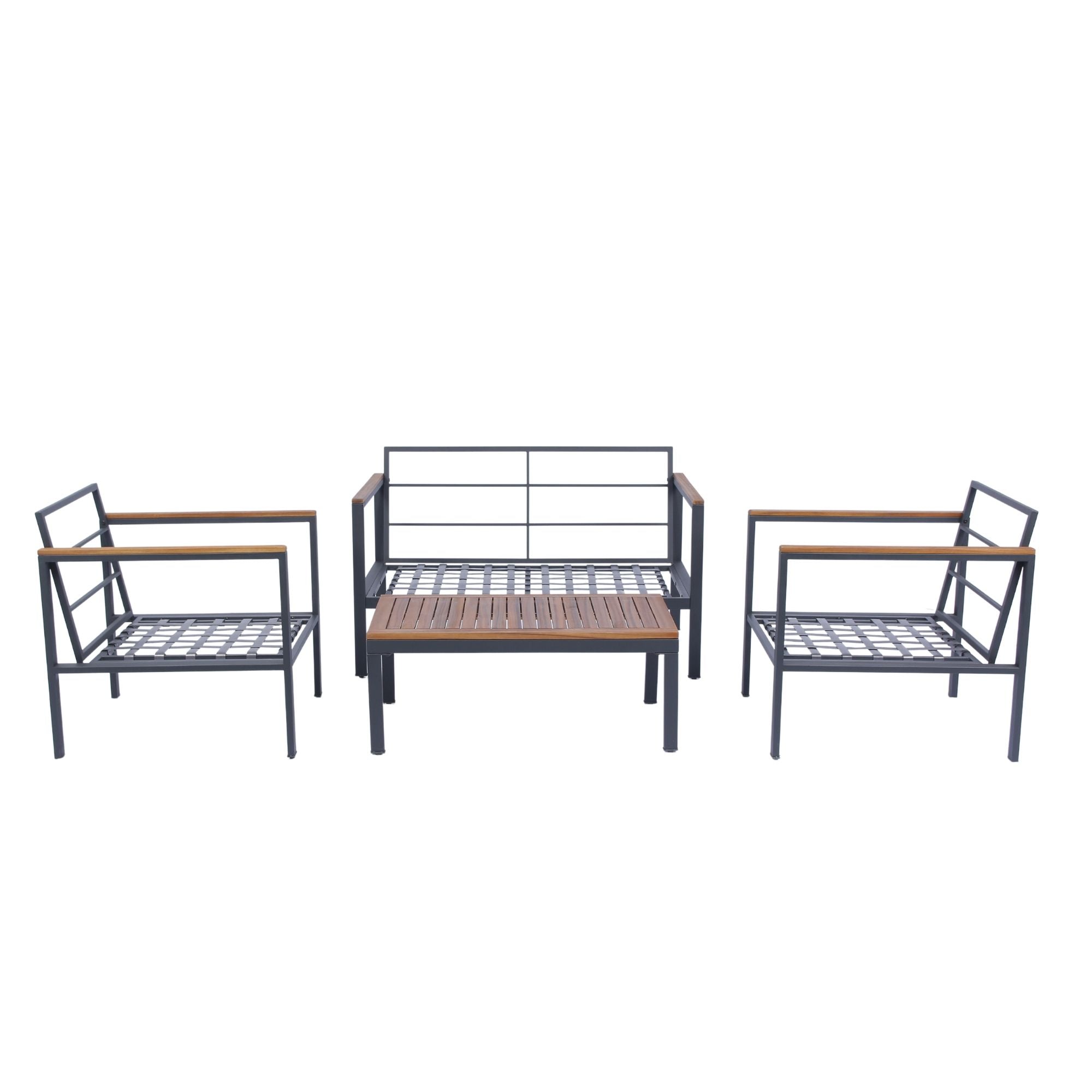 4 Piece Outdoor Sofa Set With Acacia Wood Top, Padded Patio Conversation Table Chair Set With Coffee Table For Garden, Backyard, Poolside Cushions - Dark Gray