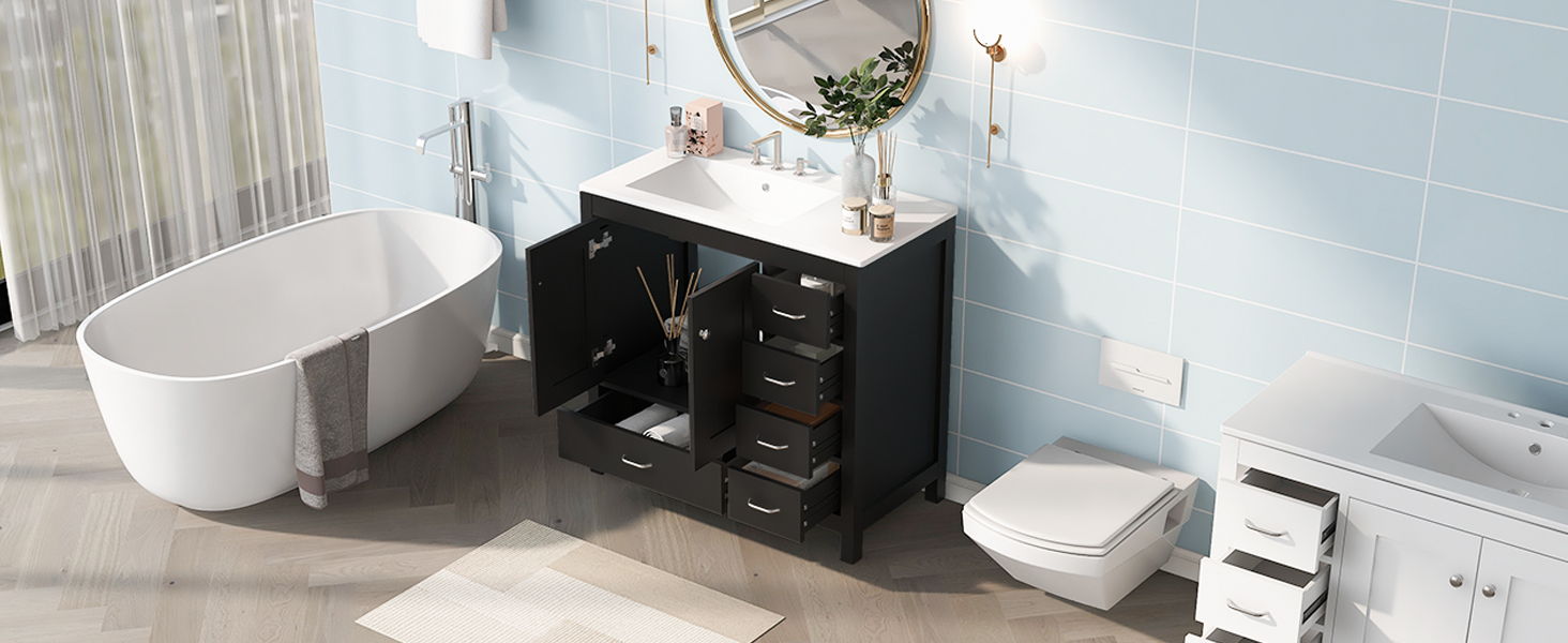 Bathroom Vanity With Ceramic Sink Combo, Abundant Storage Cabinet -2 Soft-Close Doors And 5 Drawers