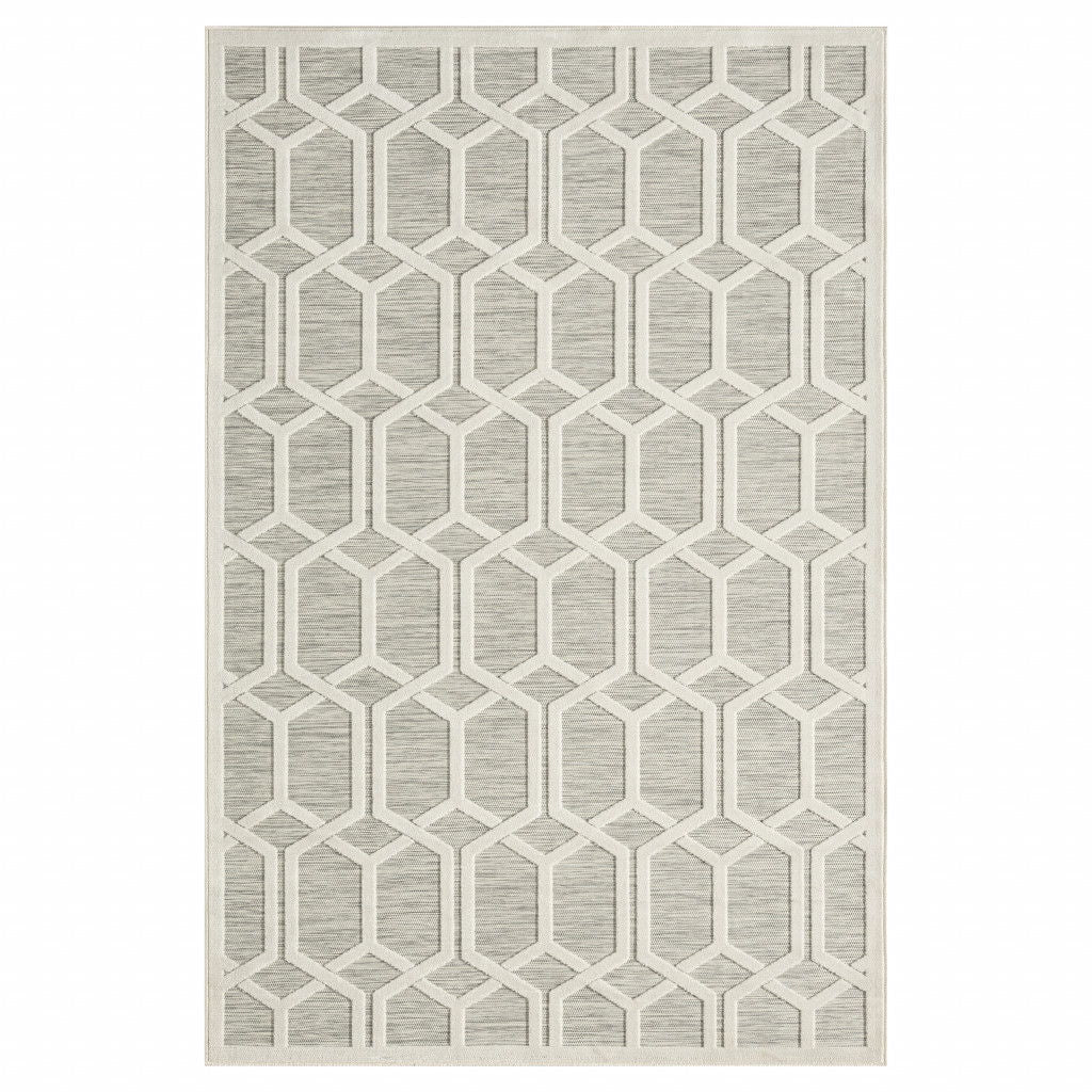 8' X 10' Geometric Stain Resistant Outdoor & Indoor Area Rug - Gray / Ivory